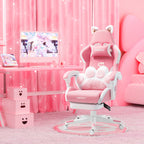 Cat Ears Pink Gaming Chair - Pink PU Leather Ergonomic Reclining Office Chair with Footrest, 310lb Capacity, 6-Position Recli