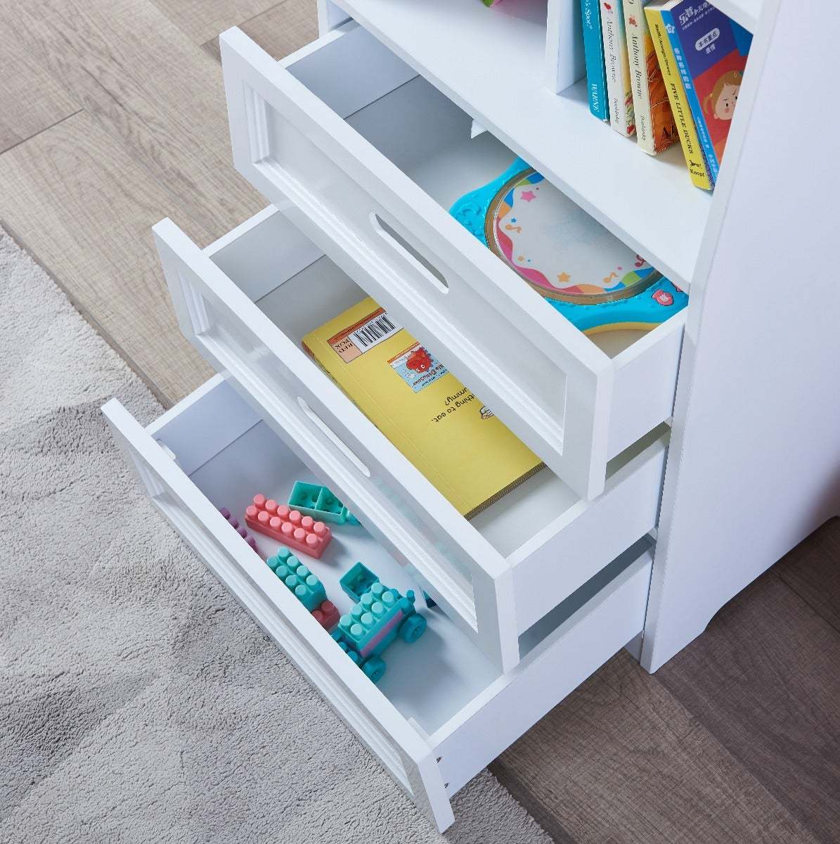 Kids Funnel White Bookcase Book Shelf Storage Unit with Book Display/Organizer Drawers - Classic White Color | Premium Home D