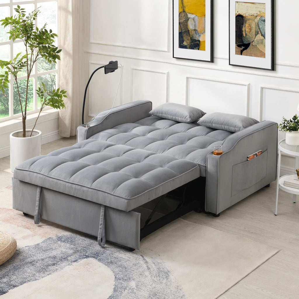 Modern Velvet Loveseat Futon Sofa Couch with Pullout Bed, Adjustable Backrest, Toss Pillows, Light Gray - Grand Goldman Shop