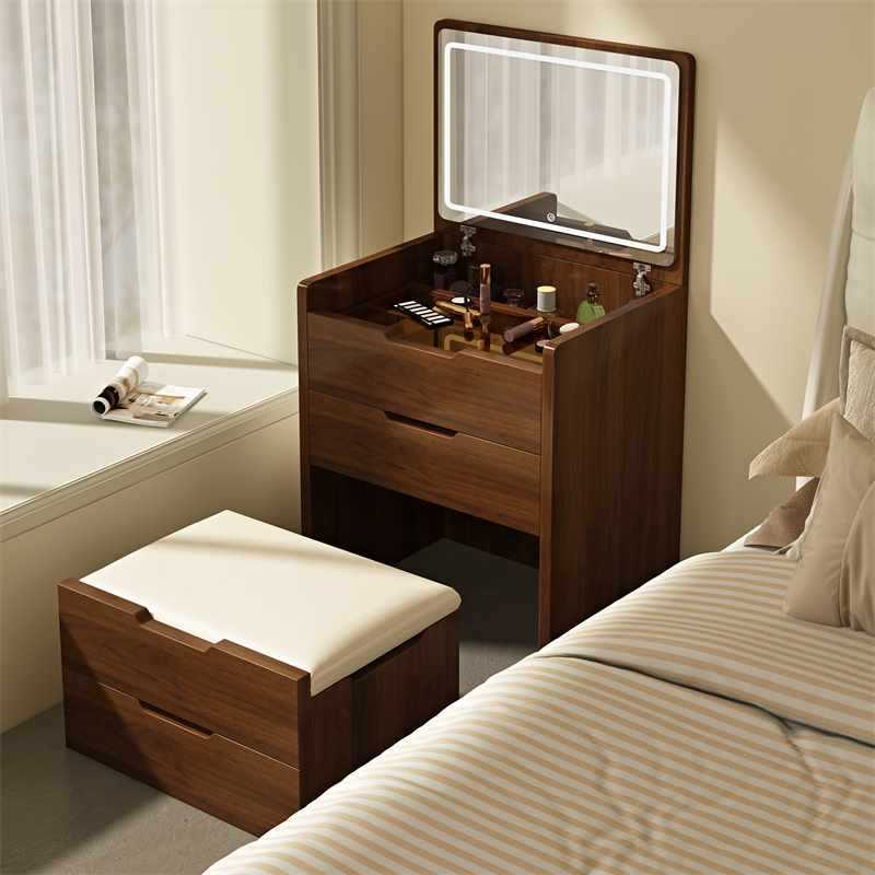 (48cm)(Walnut) 3 in 1 Vanity Desk with Plip Top Mirror,Small Make Up Vanity Set with Visible Glass Desktop, Compact Makeup Vanity with 3 Drawers, Dressing Table - Grand Goldman Shop