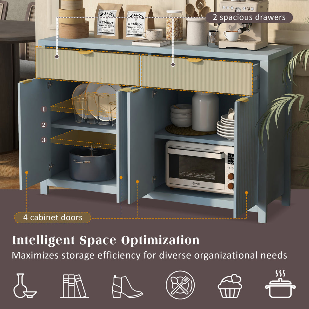 U_STYLE Modern 55.1'' Sideboard Buffet Cabinet with 2 Drawers & 4 Doors, Adjustable Shelves, Wave-Pattern Design, Aluminum Handles, Painted MDF, Scandinavian Storage for Dining Room, Living Room - Grand Goldman Shop