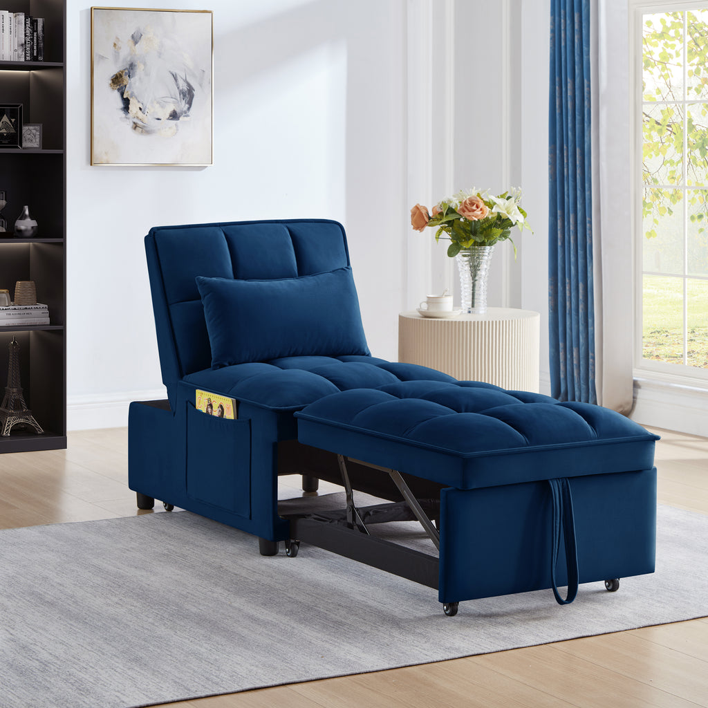 4 in1 Multi-Function Single Sofa Bed with Storage Pockets,Tufted Single Pull-out Sofa Bed with Adjustable Backrest and Pillows ,Convertible  Chaise Lounge, Navy - Grand Goldman Shop