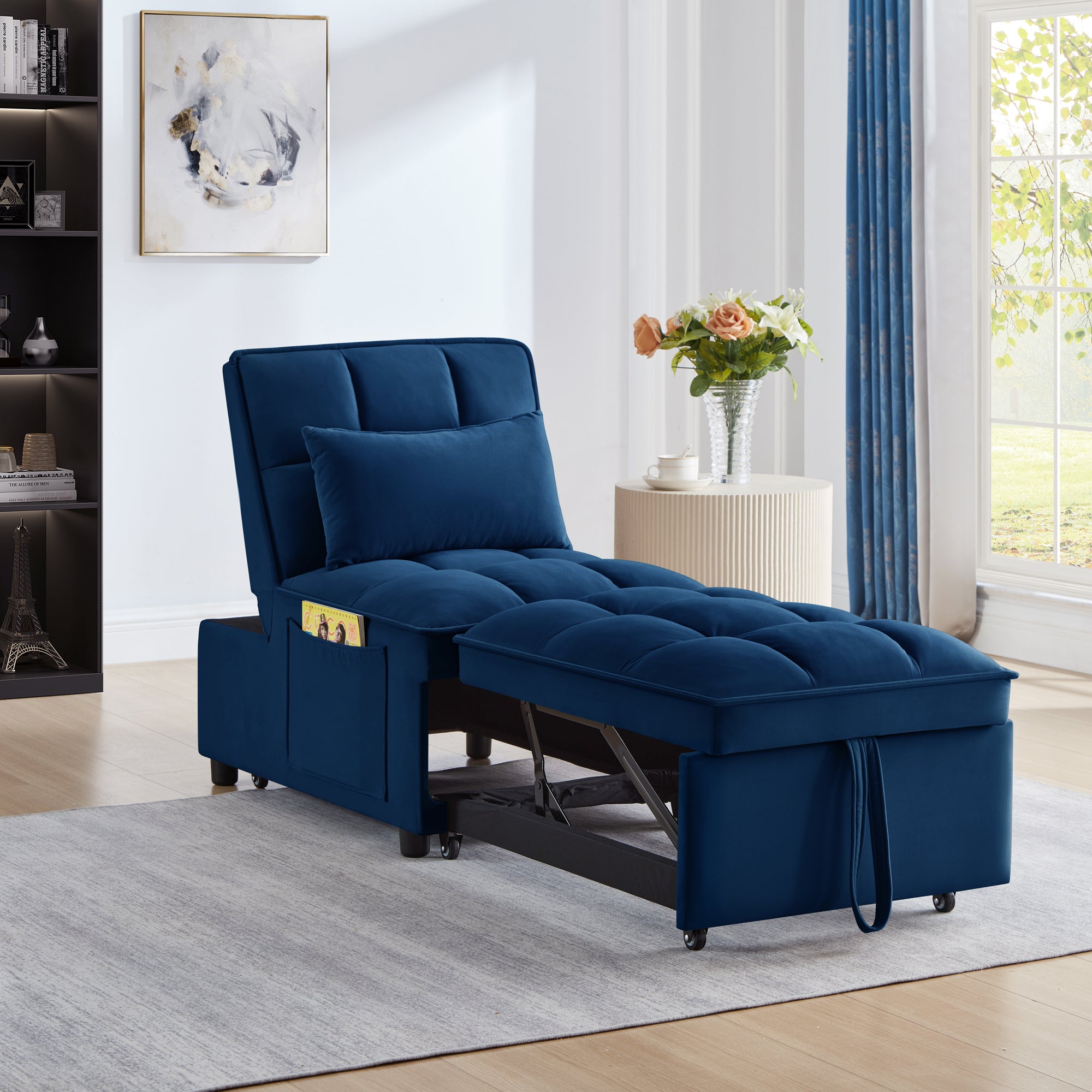 4 in1 Multi-Function Single Sofa Bed with Storage Pockets,Tufted Single Pull-out Sofa Bed with Adjustable Backrest and Pillows ,Convertible  Chaise Lounge, Navy - Grand Goldman Shop