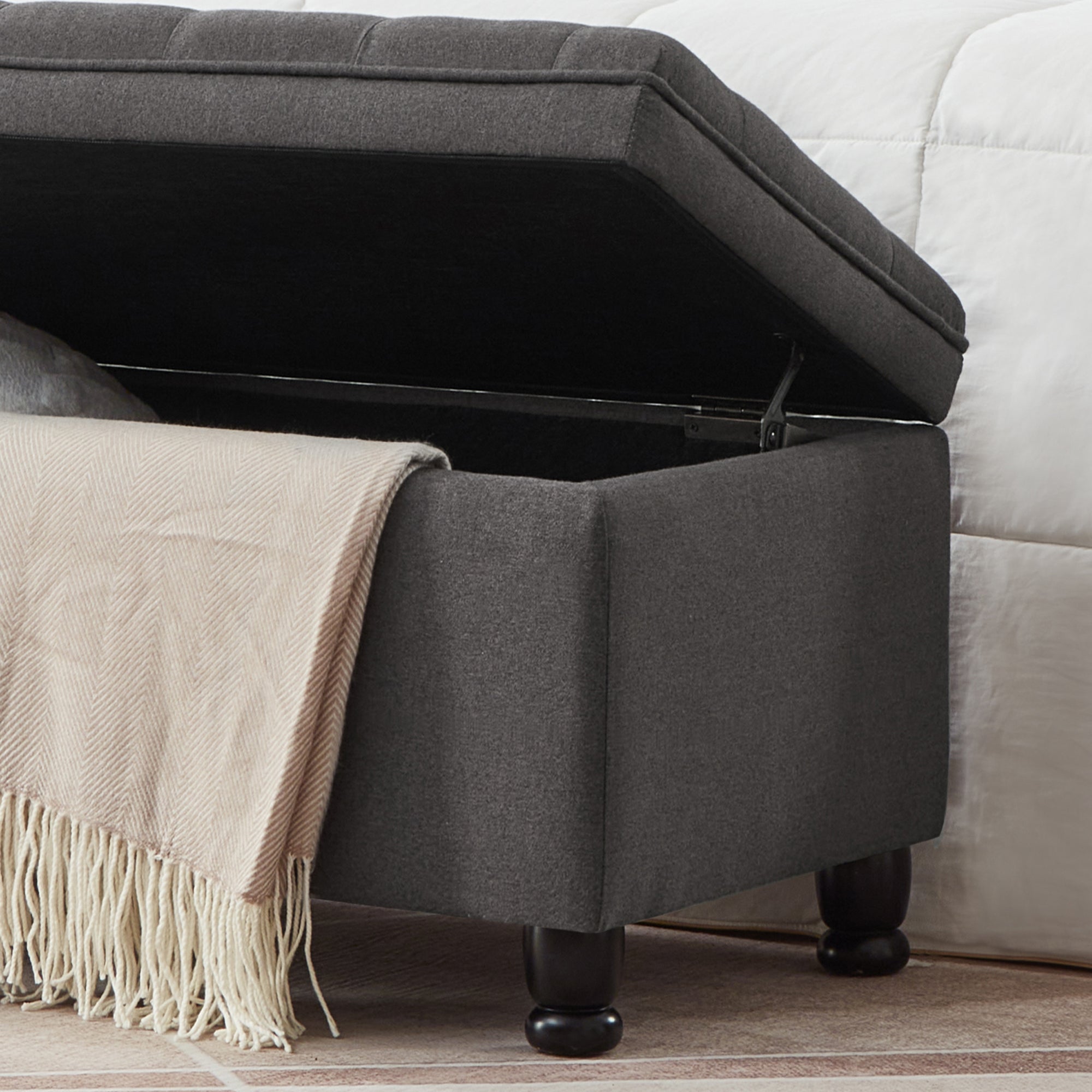 Upholstered tufted button storage bench ,Linen fabric entry bench with spindle wooden legs, Bed bench- Dark Gray - Grand Goldman Shop