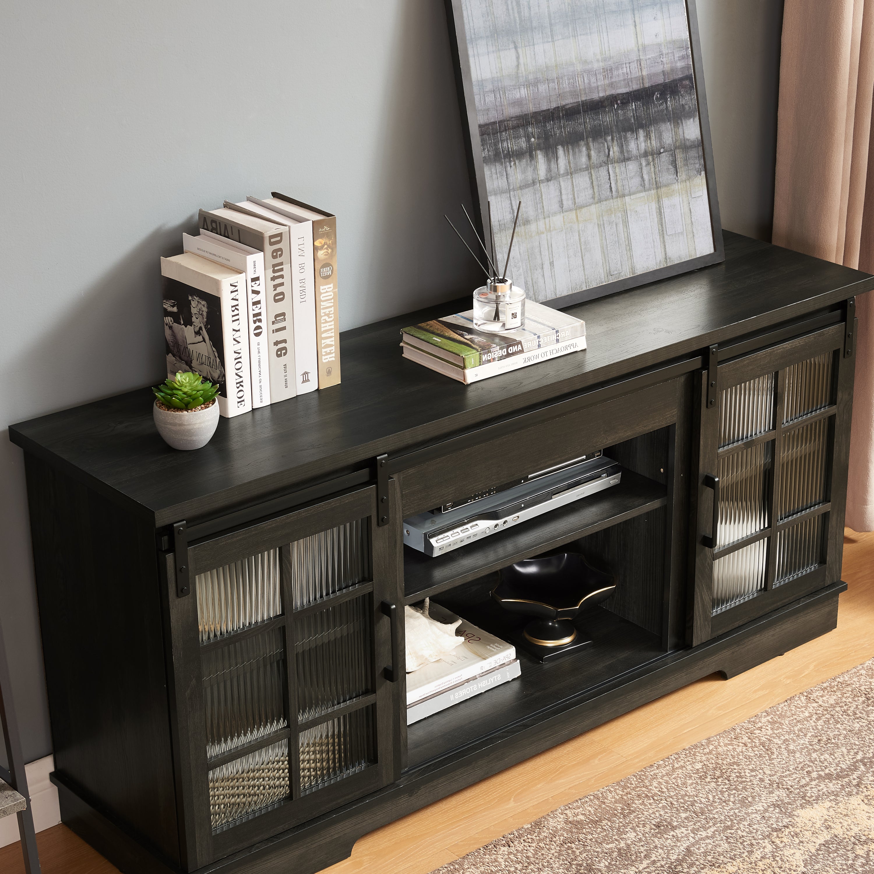 Multipurpose Sliding Door TV Stand Large Storage Cabinet with 2 Sliding Fluted Glass Tempered Doors, TV Up to 65'', TV Desk Storage Rack, Charcoal GREY, 59.13'W*15.94'D*27.8'H - Grand Goldman Shop