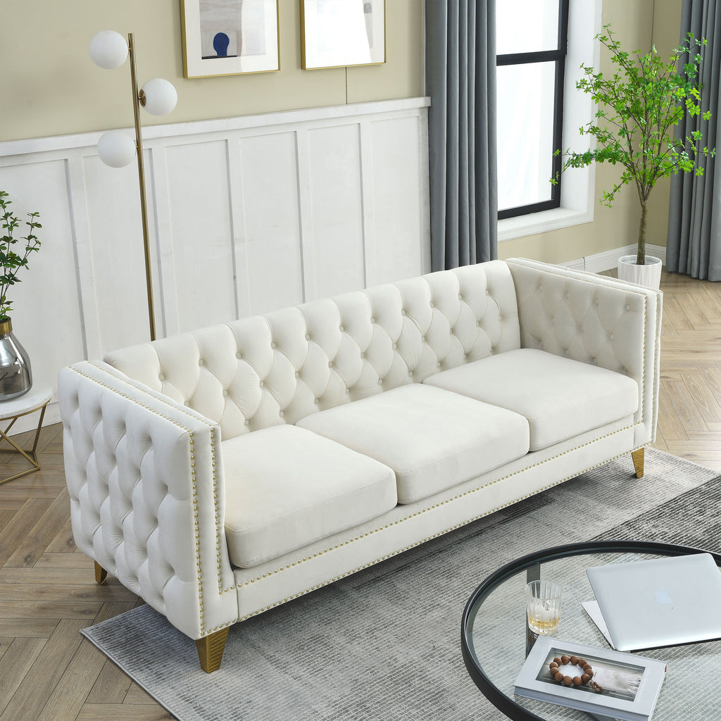 Modern Velvet Sofa with Button Tufting and Metal Legs, Beige Upholstered Couch for Living Room or Bedroom, 3-Seater, W834S00023 - Grand Goldman Shop