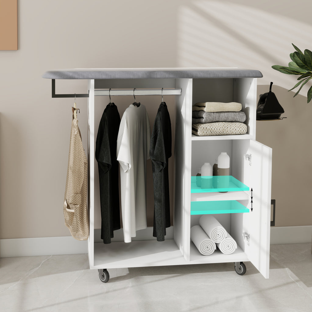 Ironing Cart with Rolling Ironing Board, Multipurpose Ironing Cabinet with Wheels, Compact Ironing Solution for Laundry Room, Bedroom,Cloakroom-White - Grand Goldman Shop