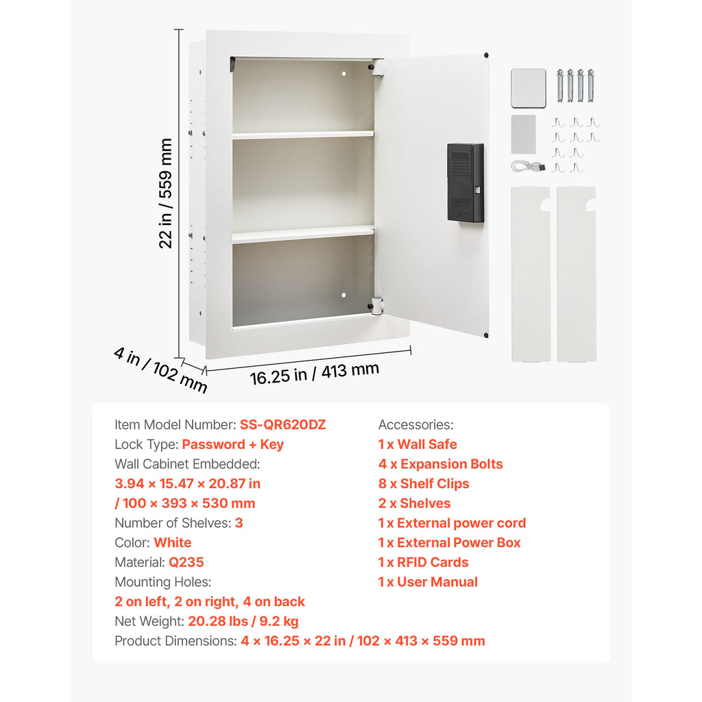 0.83 sq.ft Wall Safe, 3-Tier Hidden Wall Safe with Password, Key & Turning Knob, Q235 Cold-Rolled Steel In-Wall Box with Adju