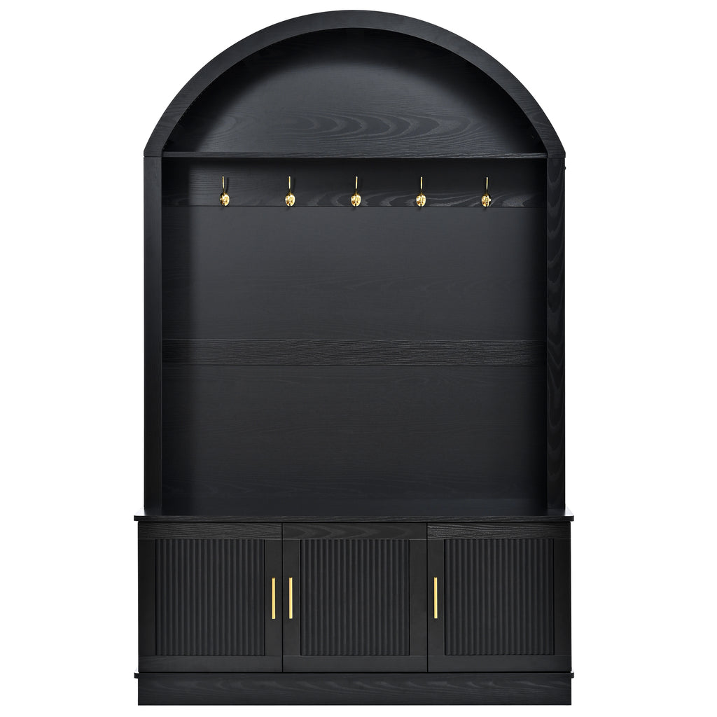 Farmhouse Fabric Arched Top Hall Tree with 5 Metal Hooks, All-in-One Mudroom Furniture with Adjustable Shelves, Mid-Century Fluted Door Entryway Bench with Wood Grain Finish for Hallway, Black - Grand Goldman Shop