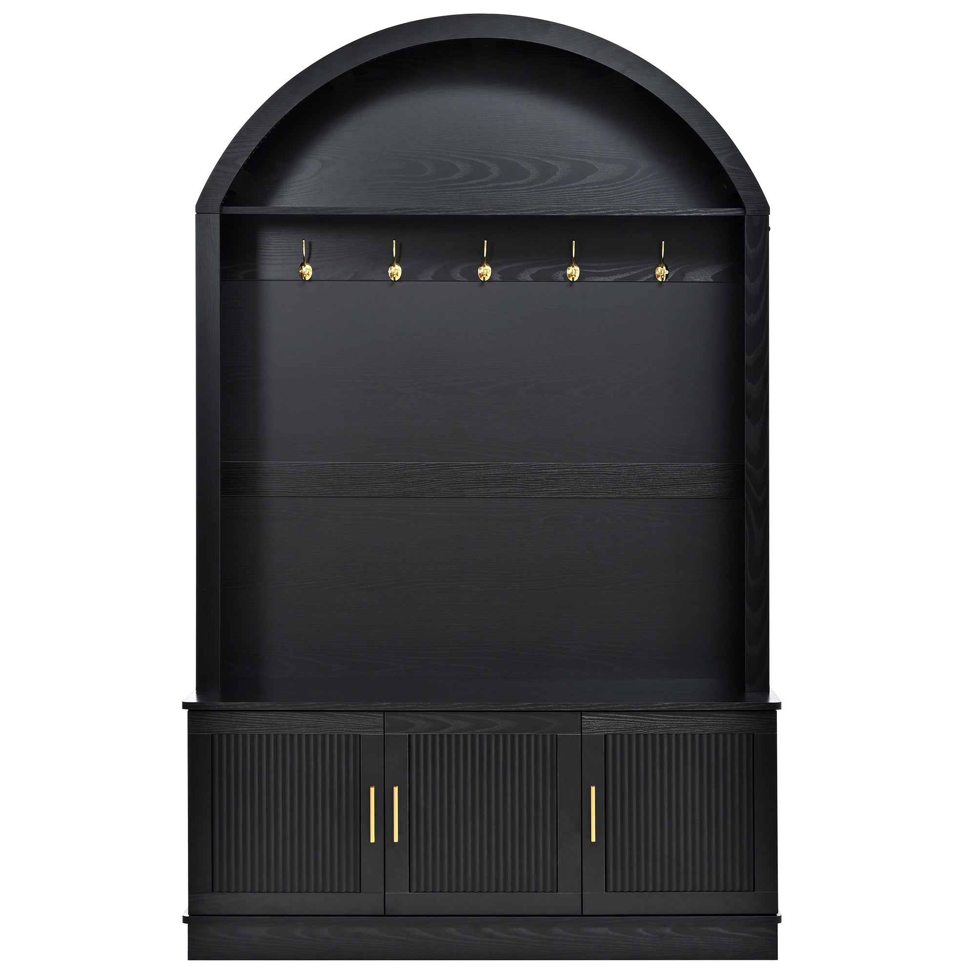 Farmhouse Fabric Arched Top Hall Tree with 5 Metal Hooks, All-in-One Mudroom Furniture with Adjustable Shelves, Mid-Century Fluted Door Entryway Bench with Wood Grain Finish for Hallway, Black - Grand Goldman Shop