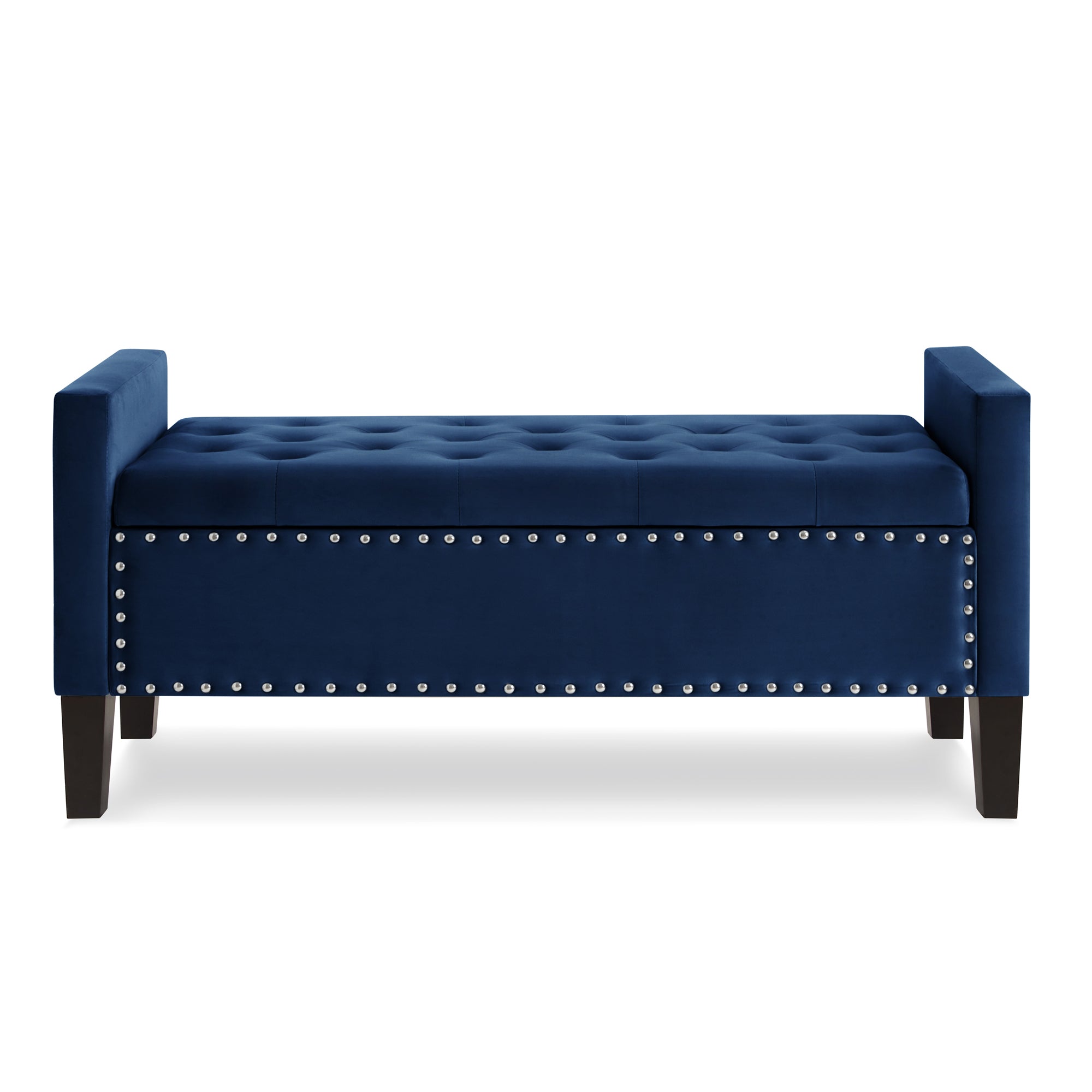 Upholstered Tufted Button Storage Bench with nails trim,Entryway Living Room Soft Padded Seat with Armrest,Bed Bench -Navy - Grand Goldman Shop