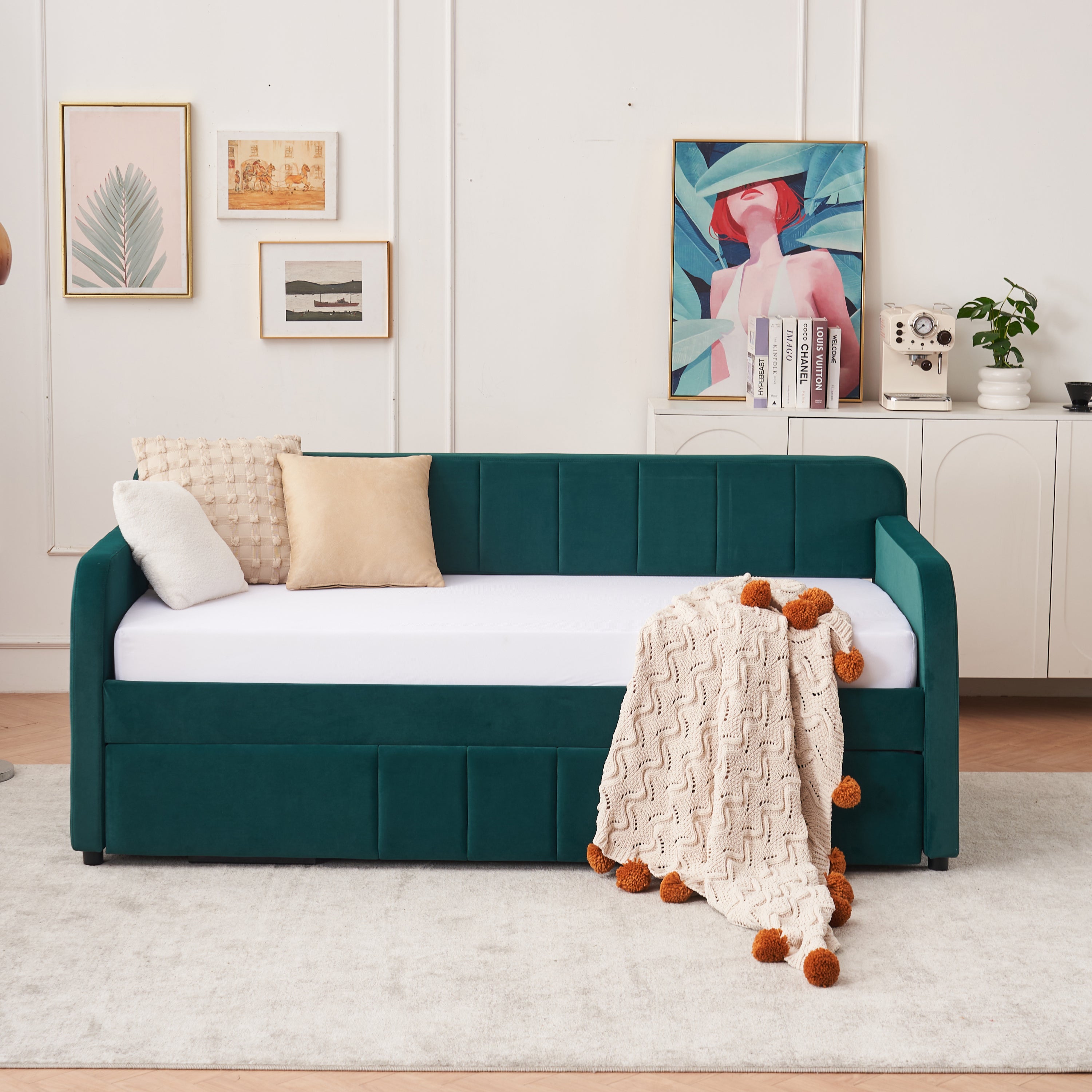 Twin Upholstered Daybed Frame with Trundle, Twin Size Sofa Bed for Bedroom Living Room Guest Room, Wood Slat Support,Emerald - Grand Goldman Shop