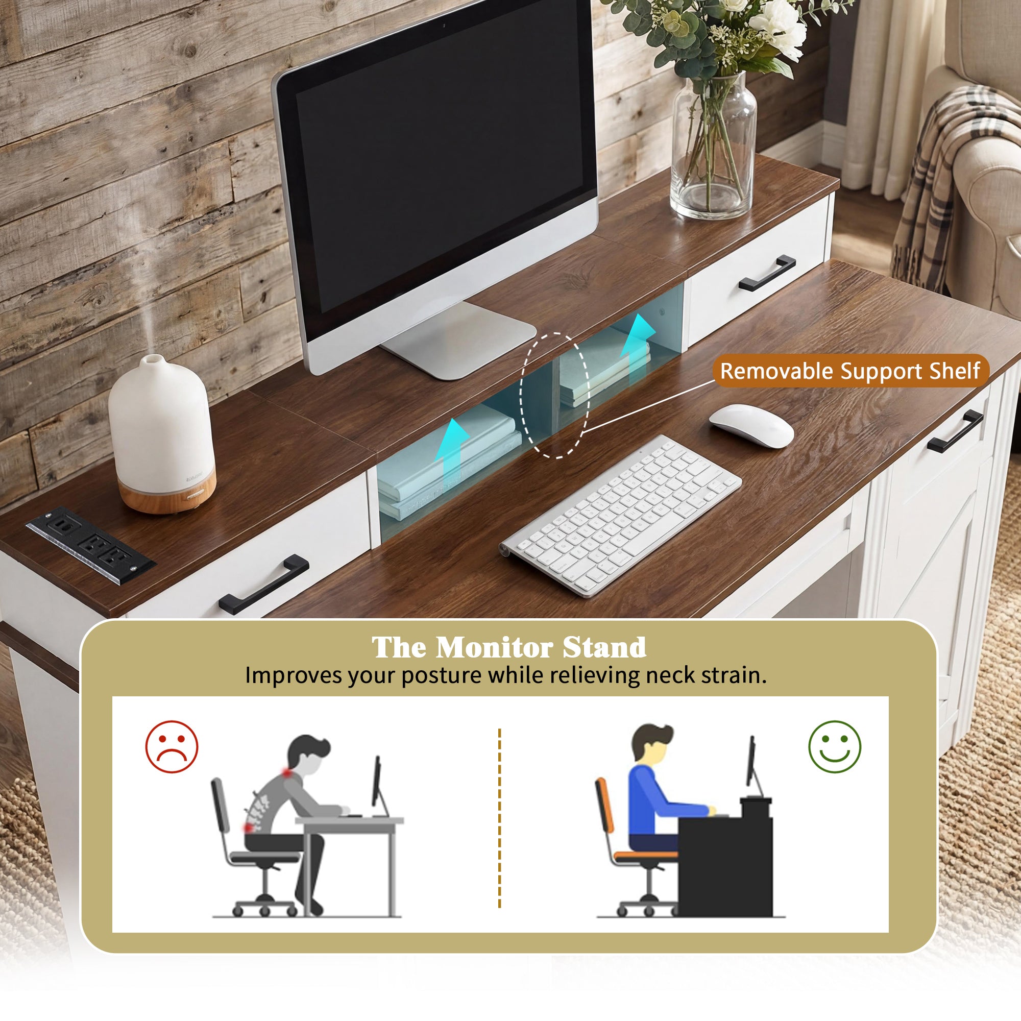 White Farmhouse Office Desk with Storage Cabinet, Charging Station, Monitor Stand & Pegboard, 55' Computer Writing Desk with 