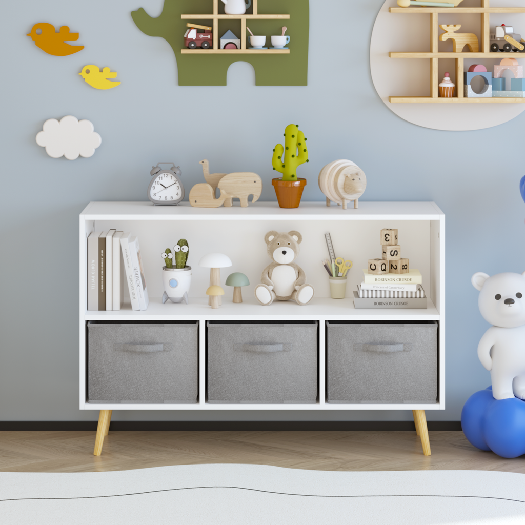 Kids Bookcase with Collapsible Fabric Drawers, Children's Book Display, Toy Storage Cabinet Organizer, White/Gray, MDF+Pine |