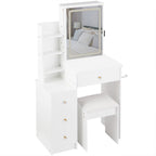 29.2' Small Size Left Bedside Cabinet Vanity Table + Cushioned Stool, 2 AC+2 USB Power Station, Hair dryer bracket, Extra Large Touch Control Sliding LED Mirror, Tri-color Switching, Brightness Adjust - Grand Goldman Shop
