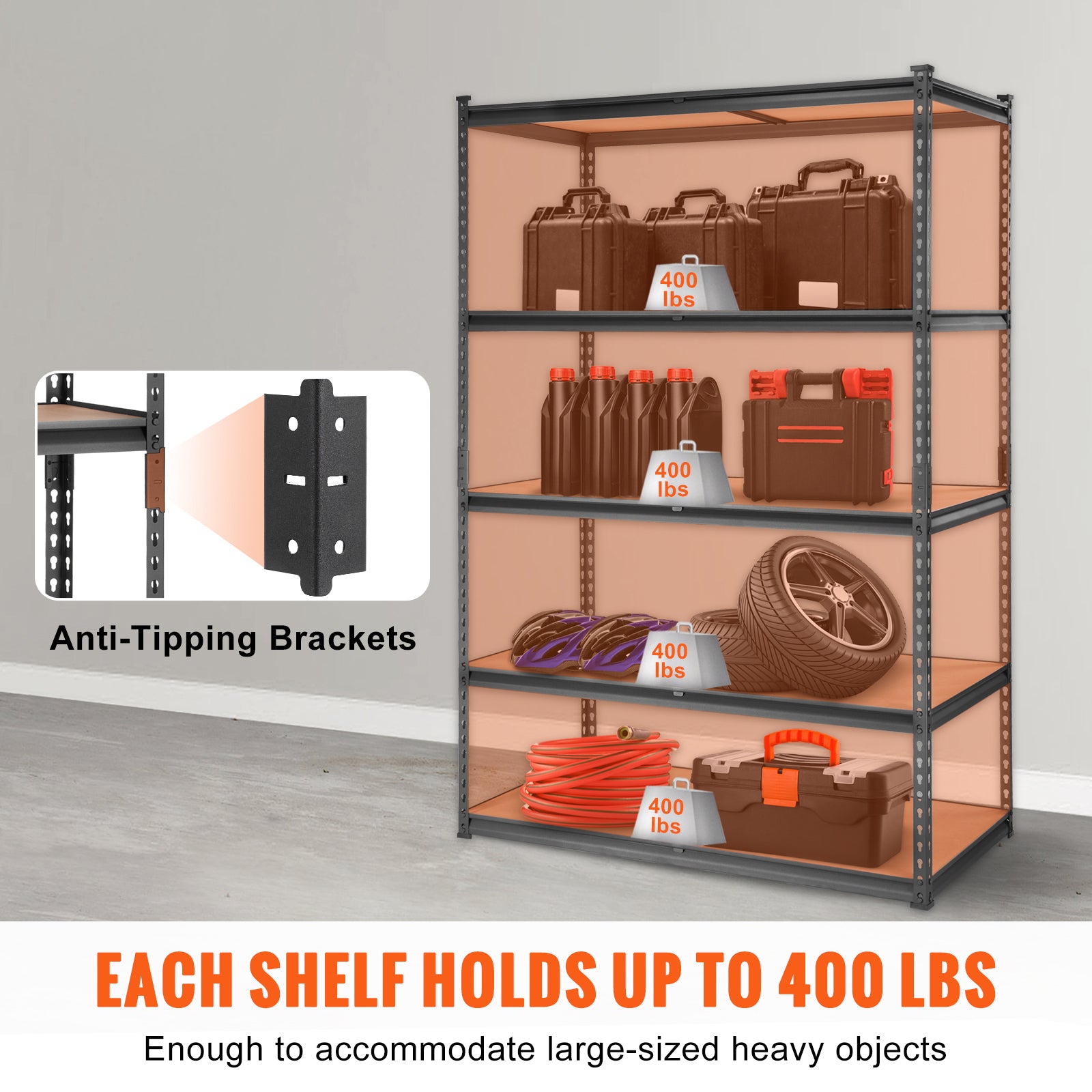 Storage Shelving Unit, 5-Tier Adjustable, 2000 lbs Capacity, Heavy Duty Garage Shelves Metal Organizer Utility Rack, Black, 48' L x 24' W x 72' H for Kitchen Pantry Basement Bathroom Laundry - Grand Goldman Shop