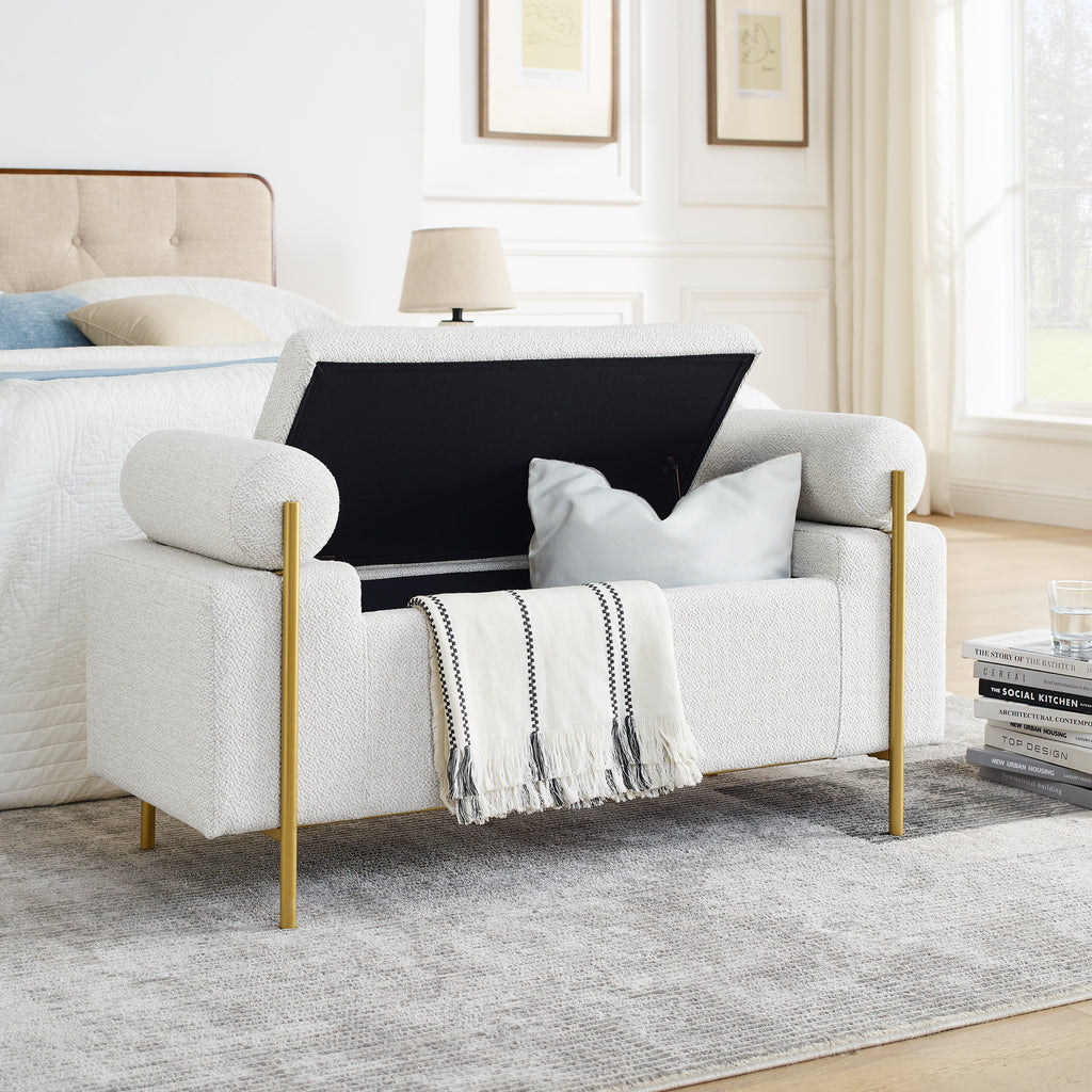 Elegant Upholstered Linen Storage Bench with Cylindrical Arms and Iron Legs, White - Grand Goldman Shop