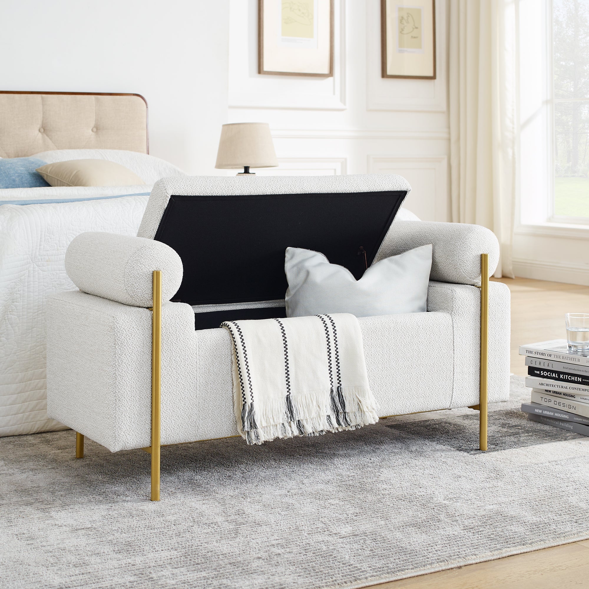 Elegant Upholstered Linen Storage Bench with Cylindrical Arms and Iron Legs, White - Grand Goldman Shop