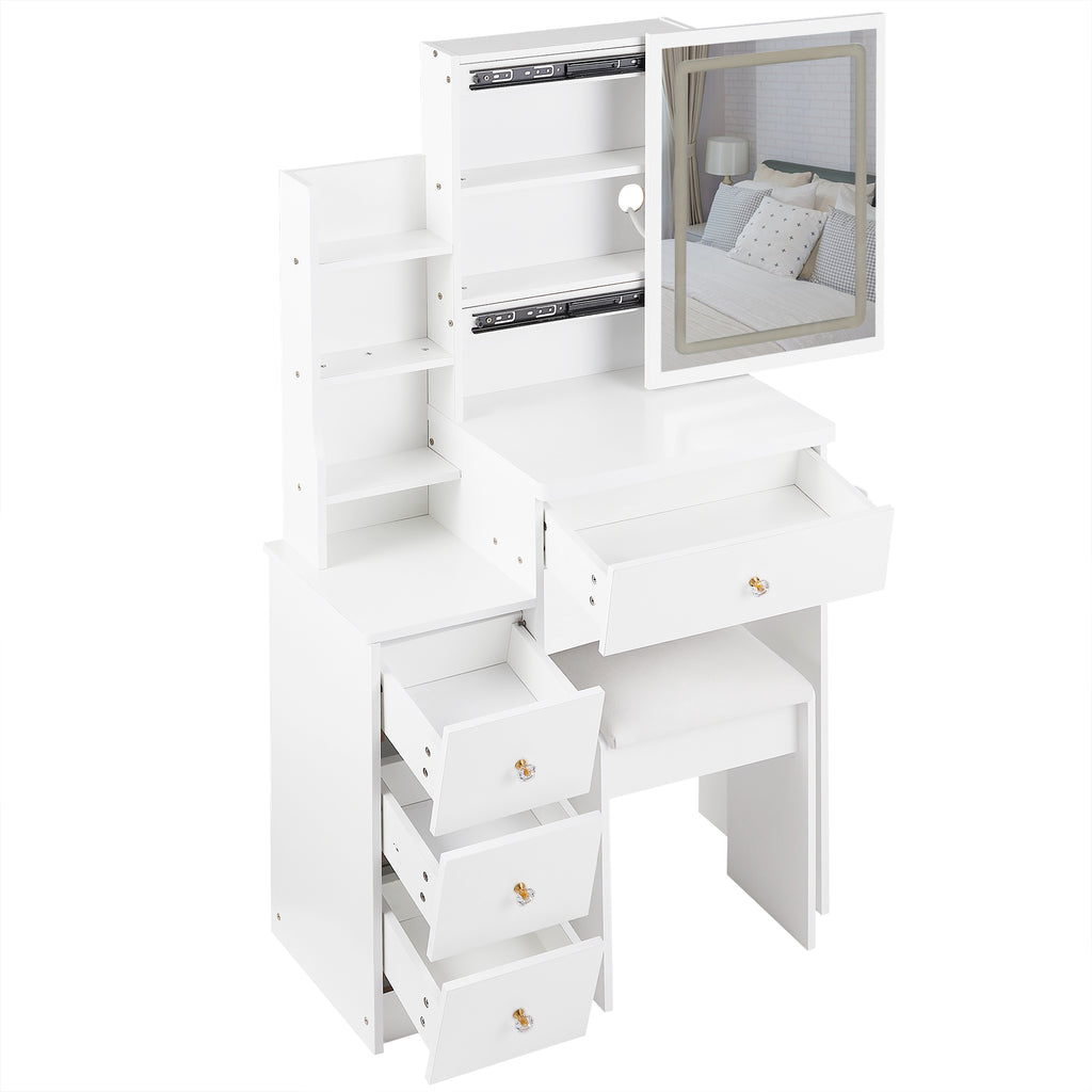 29.2' Small Size Left Bedside Cabinet Vanity Table + Cushioned Stool, 2 AC+2 USB Power Station, Hair dryer bracket, Extra Large Touch Control Sliding LED Mirror, Tri-color Switching, Brightness Adjust - Grand Goldman Shop