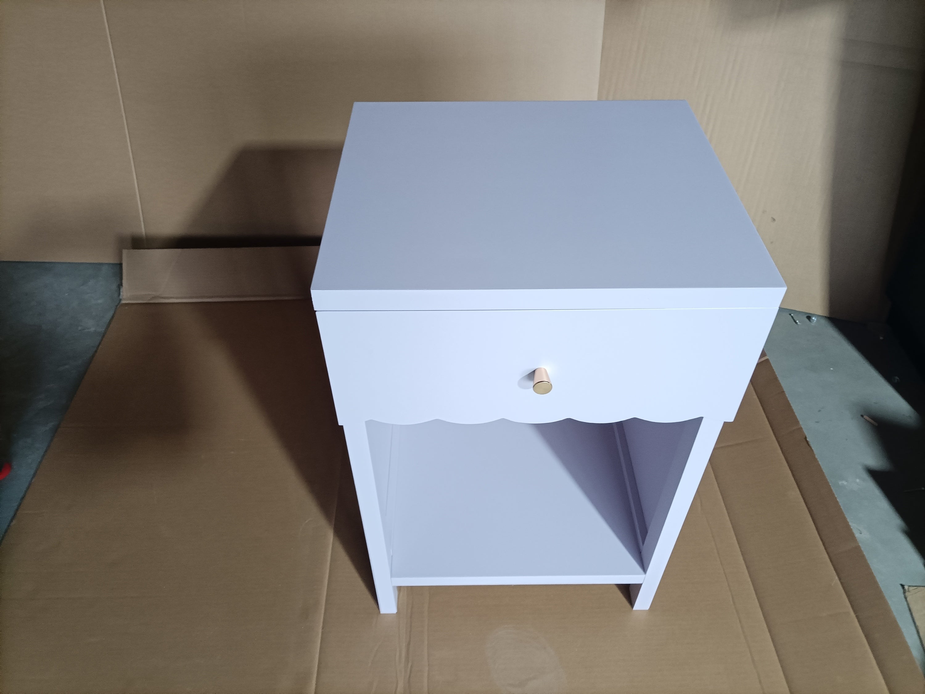 Modern Nightstand with Drawer and Open Shelf, Scalloped Edge Bedside Table in Light Purple, Minimalist Side Table for Kids Room or Girls' Room, Engineered Wood, 16.93 x 14.96 x 26.77 inches - Grand Goldman Shop