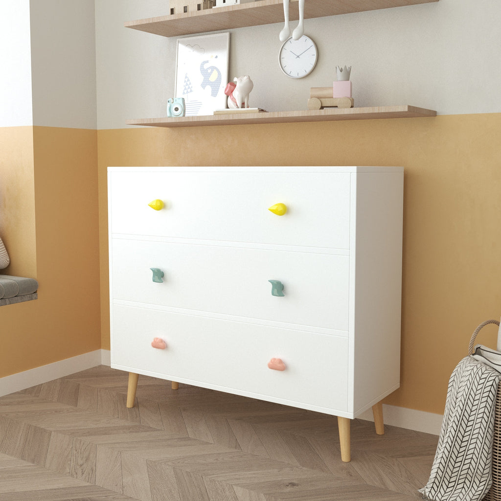 Kids 3 Drawer Dresser, White Nursery Storage Cabinet with Anti-Tip Safety Feature, Solid Wood and MDF Construction, Compact D