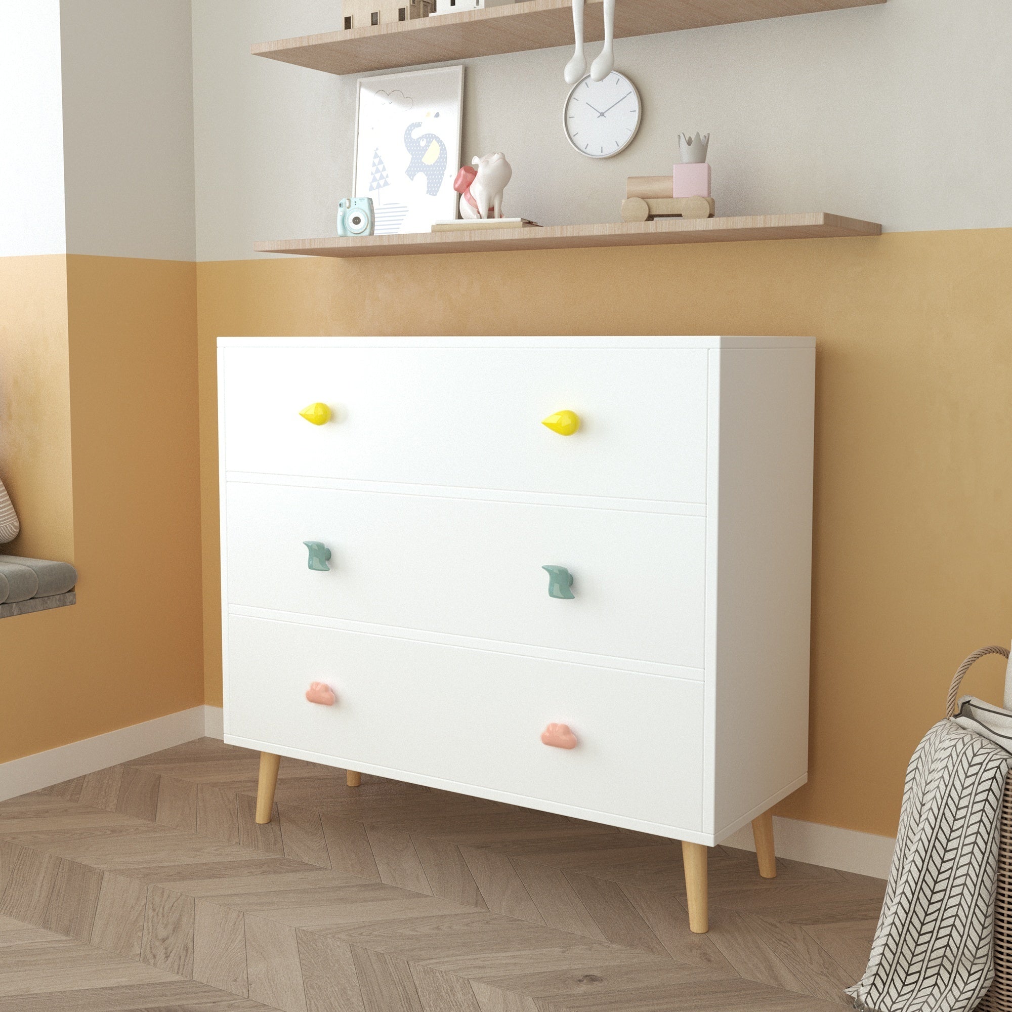 Kids 3 Drawer Dresser, White Nursery Storage Cabinet with Anti-Tip Safety Feature, Solid Wood and MDF Construction, Compact D