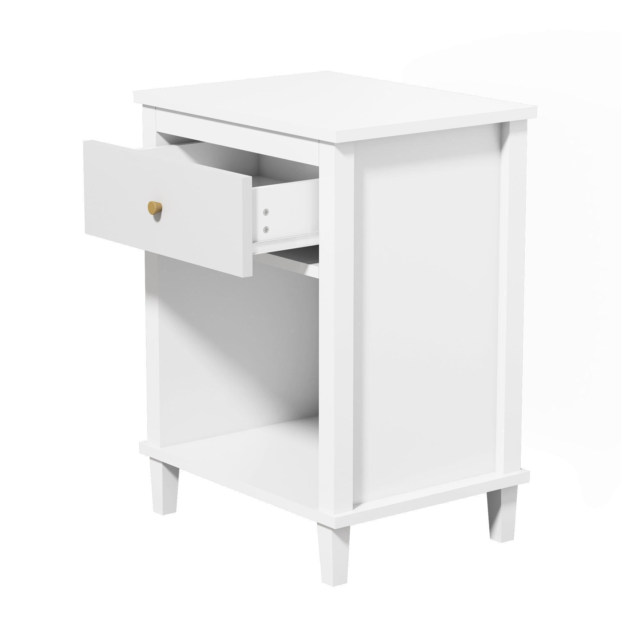 26.77''H White Wooden Nightstand with One Drawer and Shelf, Golden Handle, MDF Construction for Kids and Adults - Grand Goldman Shop