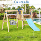 Outsunny 3 in 1 Wooden Swing Set Outdoor Playset with Baby Swing Seat, Toddler Slide, Captain's Wheel, Telescope, Kids Backya