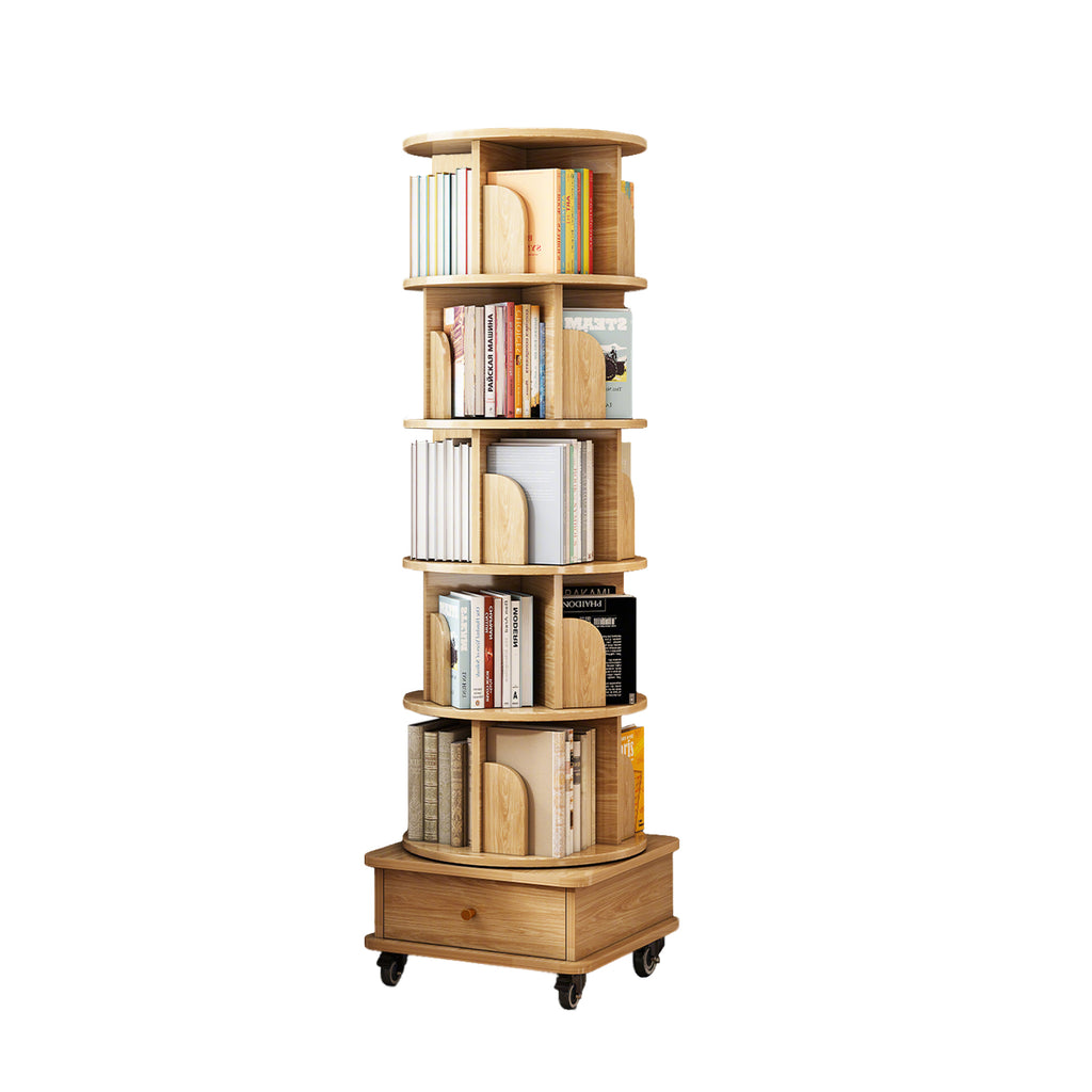 6 Tier Rotating Bookshelf, 360° Display Round Spinning Bookshelf with Wheels and Drawer, Space-Saving, Small Space Rotating Bookshelf Tower for Bedroom, Living Room, Home, Office, Wood Color - Grand Goldman Shop