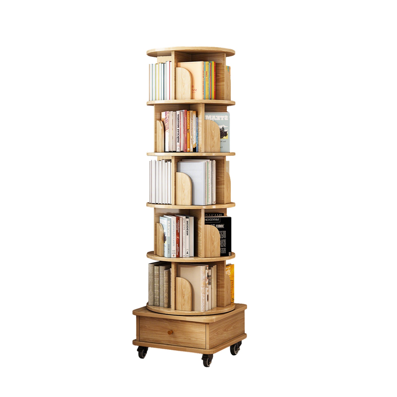 6 Tier Rotating Bookshelf, 360° Display Round Spinning Bookshelf with Wheels and Drawer, Space-Saving, Small Space Rotating Bookshelf Tower for Bedroom, Living Room, Home, Office, Wood Color - Grand Goldman Shop
