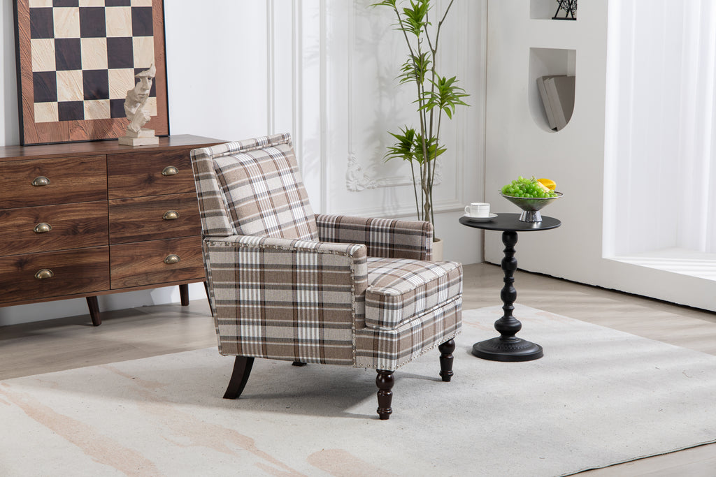 Upholstered Accent Chair, Vintage Armchair with Brown Linen Fabric and Nailhead Trim for Living Room - Grand Goldman Shop
