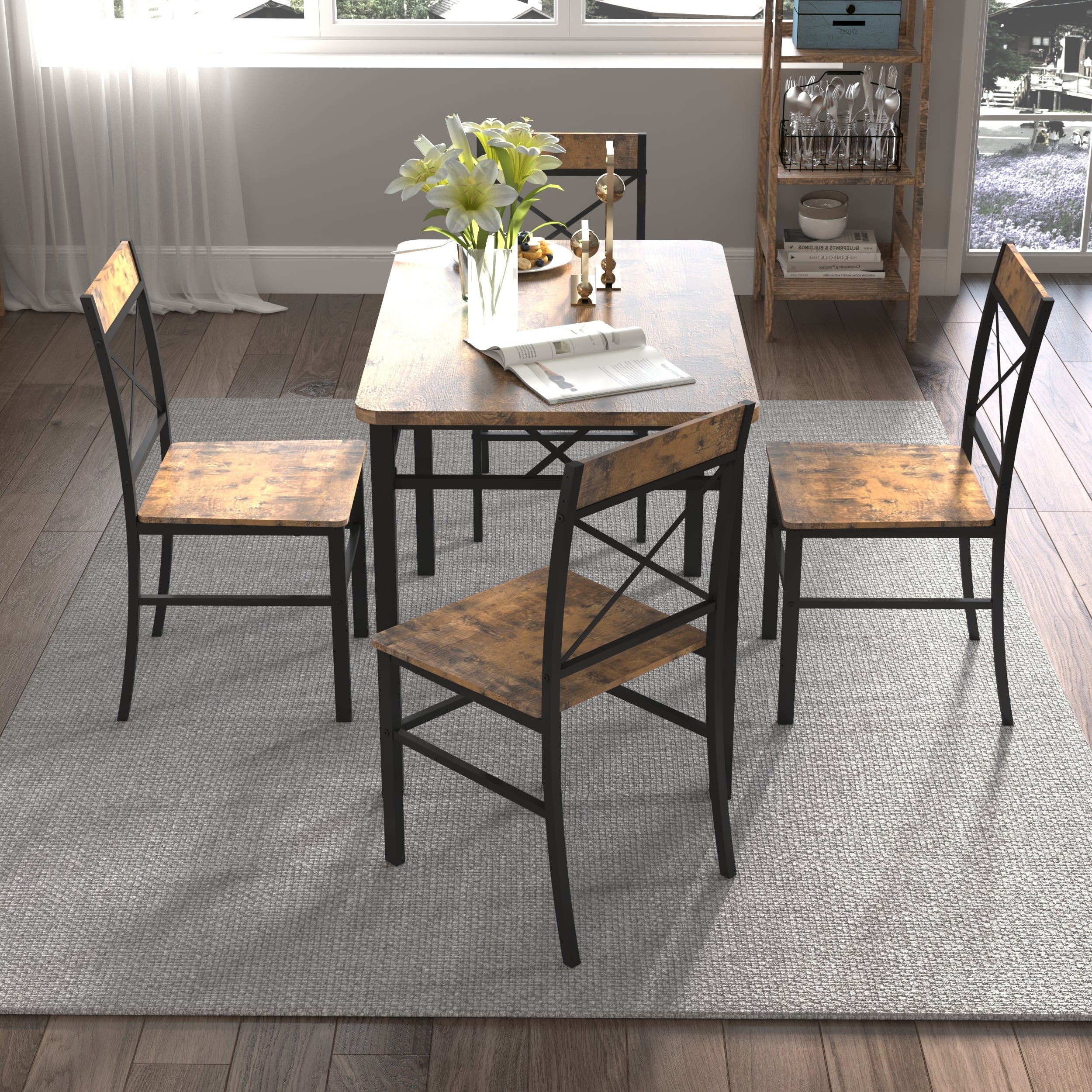 Dining Table Set for 4, Wood Kitchen Table with  Chairs Dinning Table Set for Kitchen & Dining Room, Compact Dining Set for Small Spaces, Rustic Brown - Grand Goldman Shop