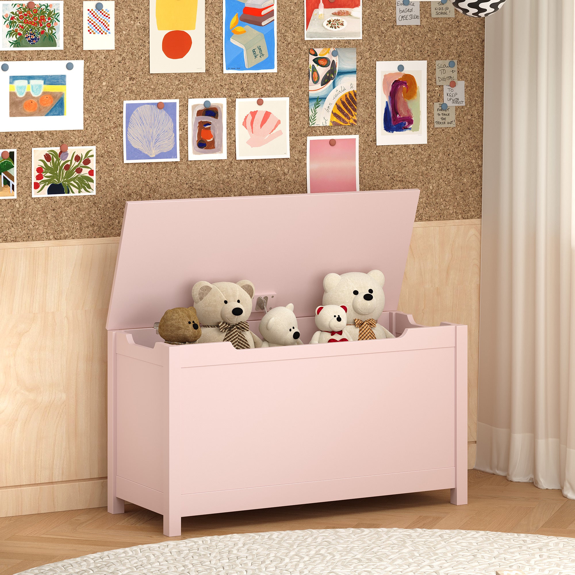 Kids Wooden Toy Box Storage with Safety Hinged Lid for Ages 2+ (Pink) - Grand Goldman
