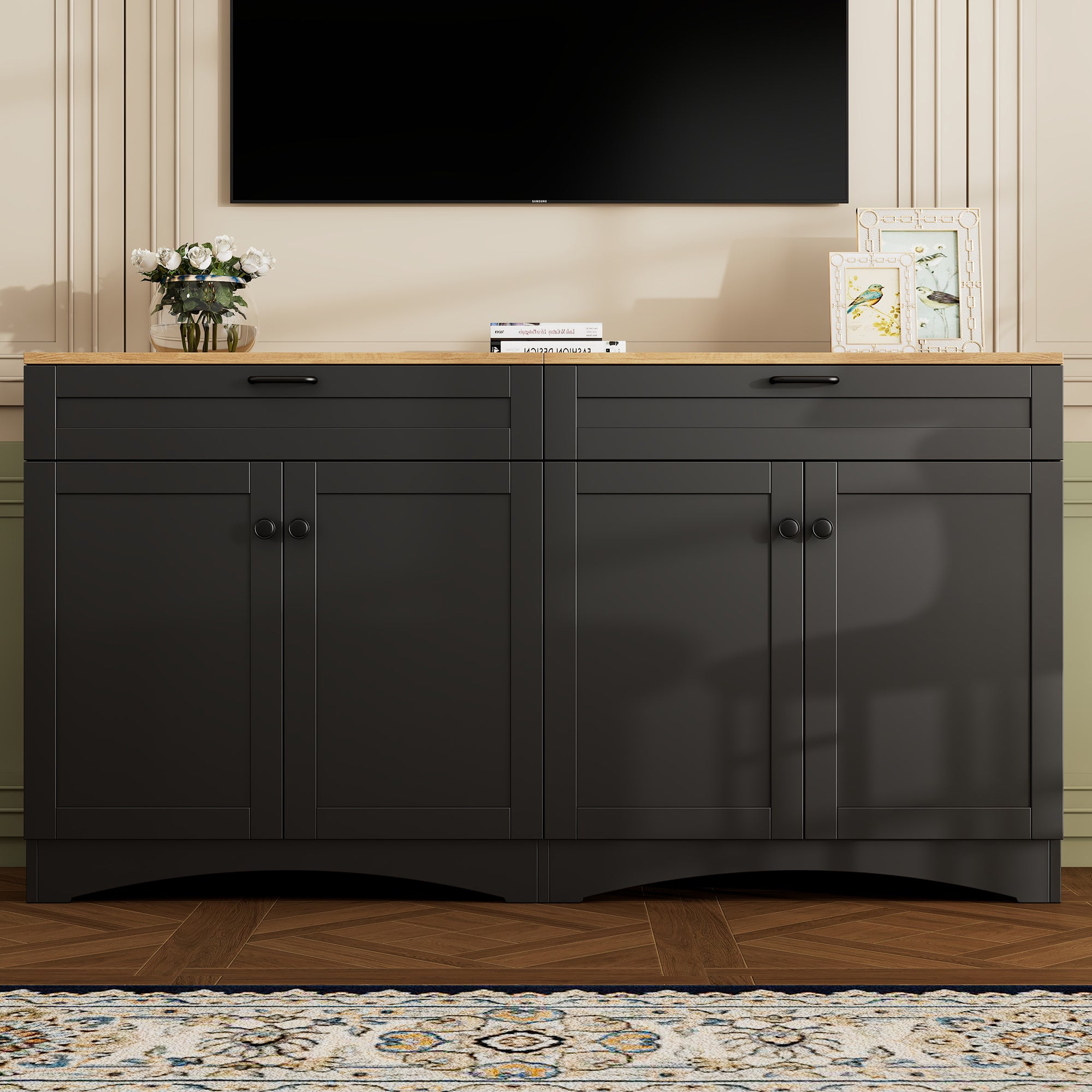 ON-TREND Farmhouse TV Stand with 2 Drawers for TVs Up to 70', Versatile Wood Grain Sideboard with Adjustable Shelves, Mid-Century Buffet Cabinet with Rustic Handles for Living Room/Bedroom, Black - Grand Goldman Shop
