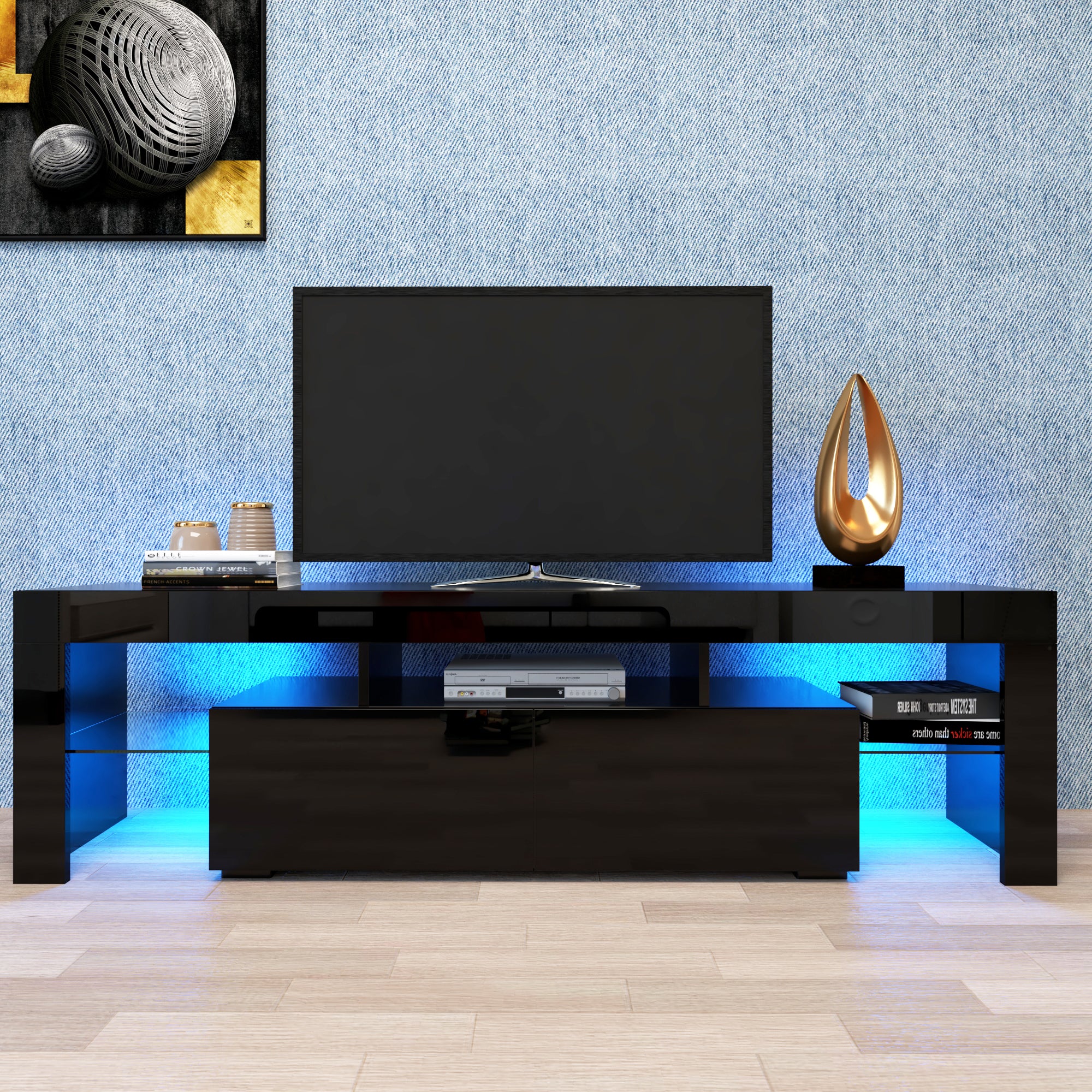 Modern Black TV Stand, 20 Colors LED TV Stand w/Remote Control Lights - Grand Goldman Shop