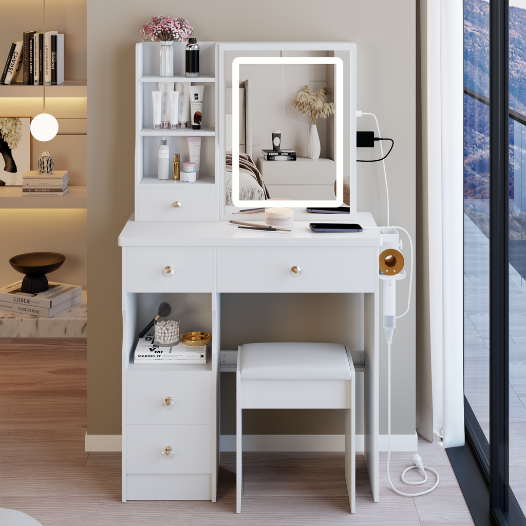 29.2' Small Size Left Drawer Desktop Vanity Table + Cushioned Stool, 2 AC+2 USB Power Station, Hair dryer bracket, Extra Large Touch Control Sliding LED Mirror, Tri-color Switching, Brightness Adjust - Grand Goldman Shop