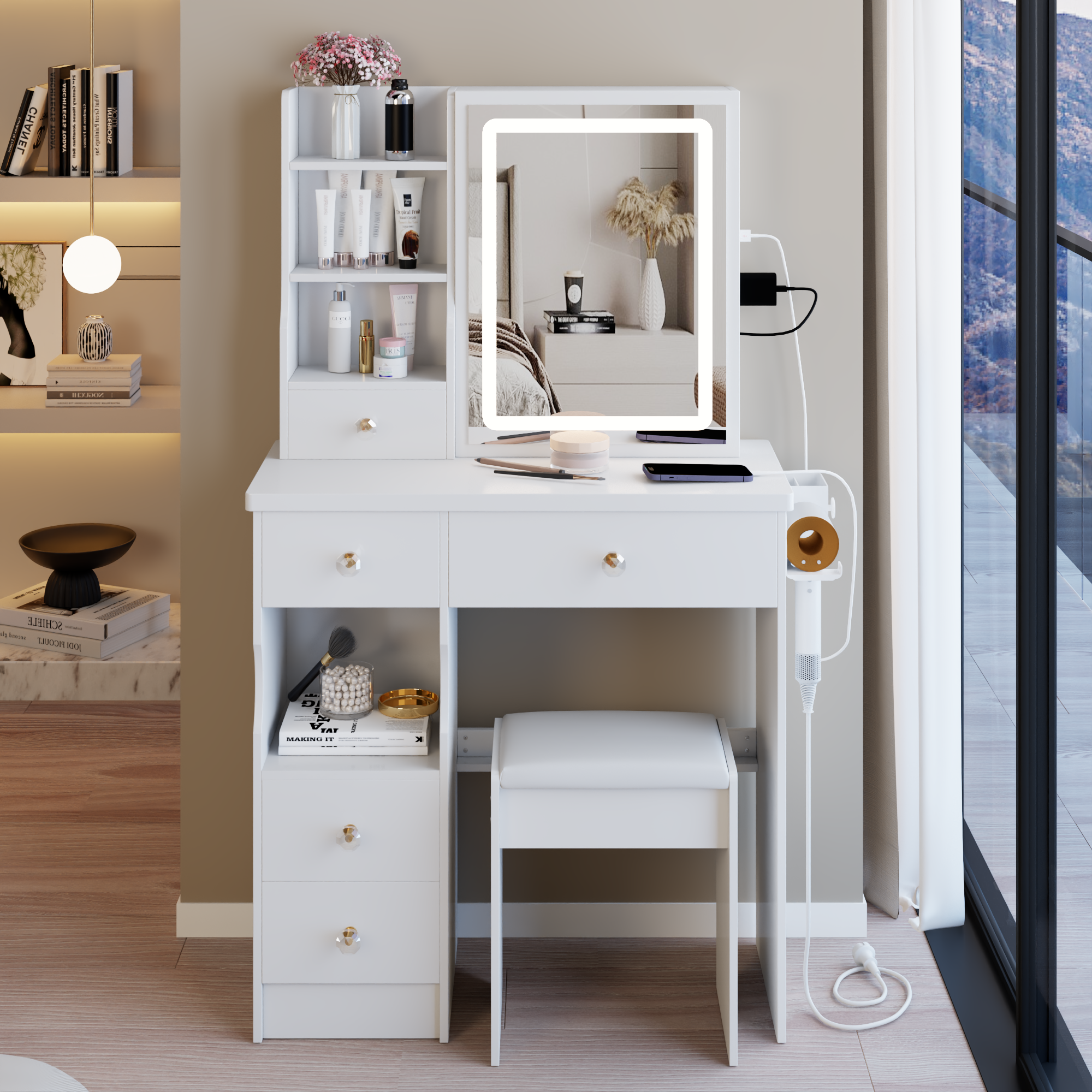 29.2' Small Size Left Drawer Desktop Vanity Table + Cushioned Stool, 2 AC+2 USB Power Station, Hair dryer bracket, Extra Large Touch Control Sliding LED Mirror, Tri-color Switching, Brightness Adjust - Grand Goldman Shop