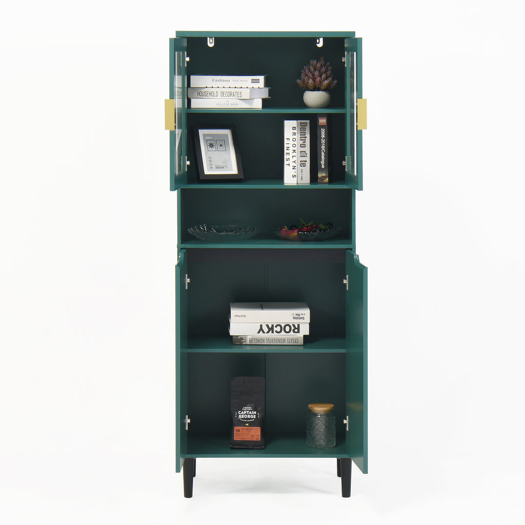 Tempered Glass Door Tall Storage Bookcase with adjustable board, 4 doors MDF painting finished cabinet, Green, Living room Bedroom storage - Grand Goldman Shop