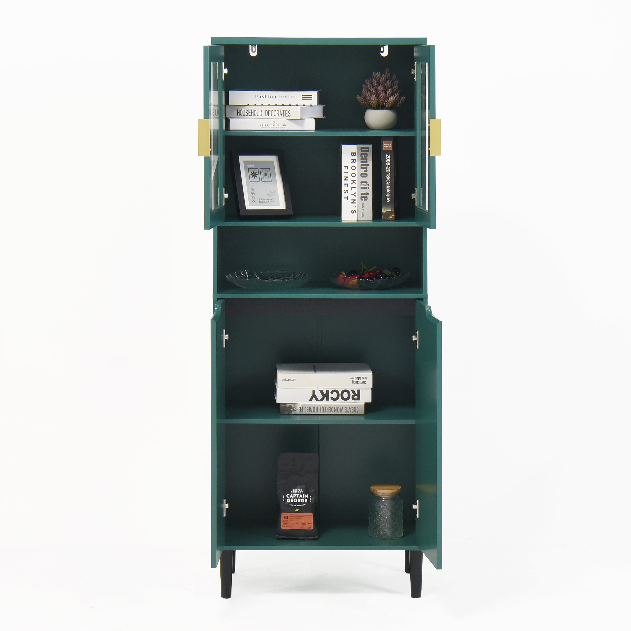 Tempered Glass Door Tall Storage Bookcase with adjustable board, 4 doors MDF painting finished cabinet, Green, Living room Bedroom storage - Grand Goldman Shop