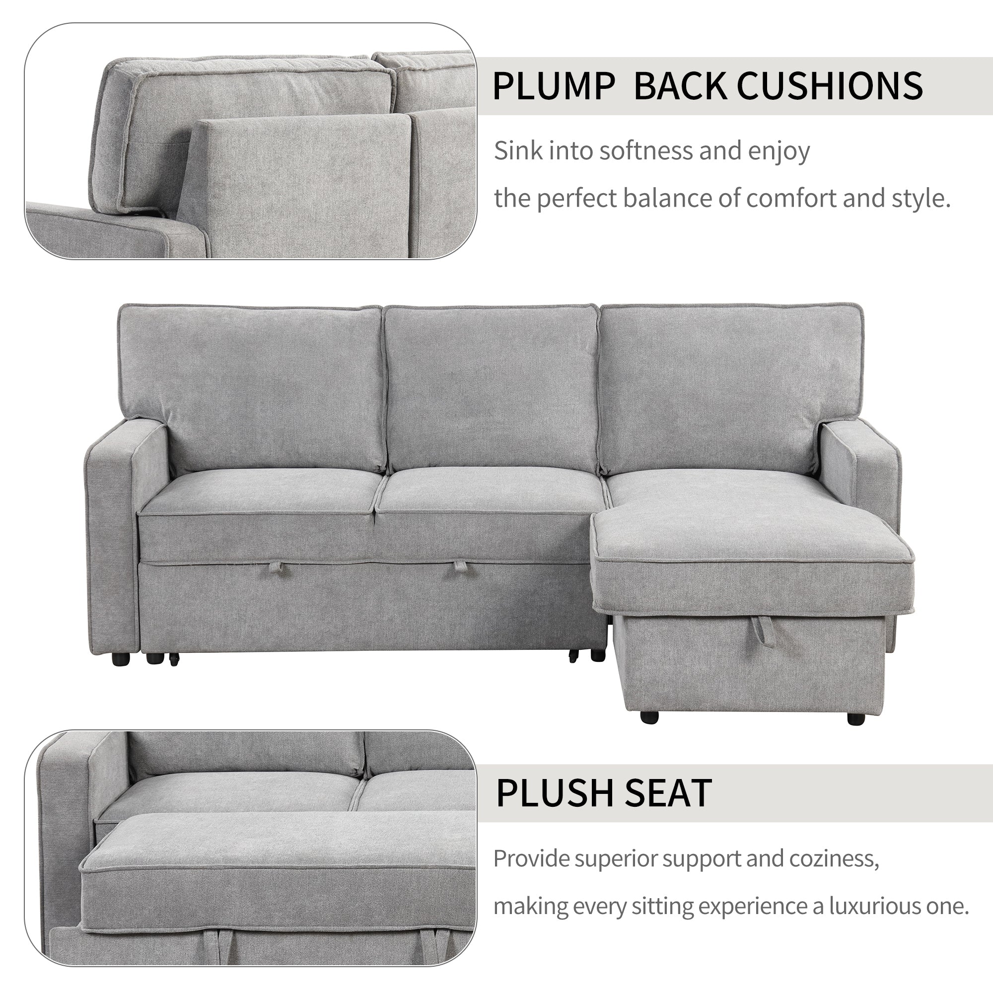 U_STYLE Upholstery Sleeper Sectional Sofa with Storage Space, USB port, 2 cup holders on Back Cushions(same sku; WY000335AAE) - Grand Goldman Shop