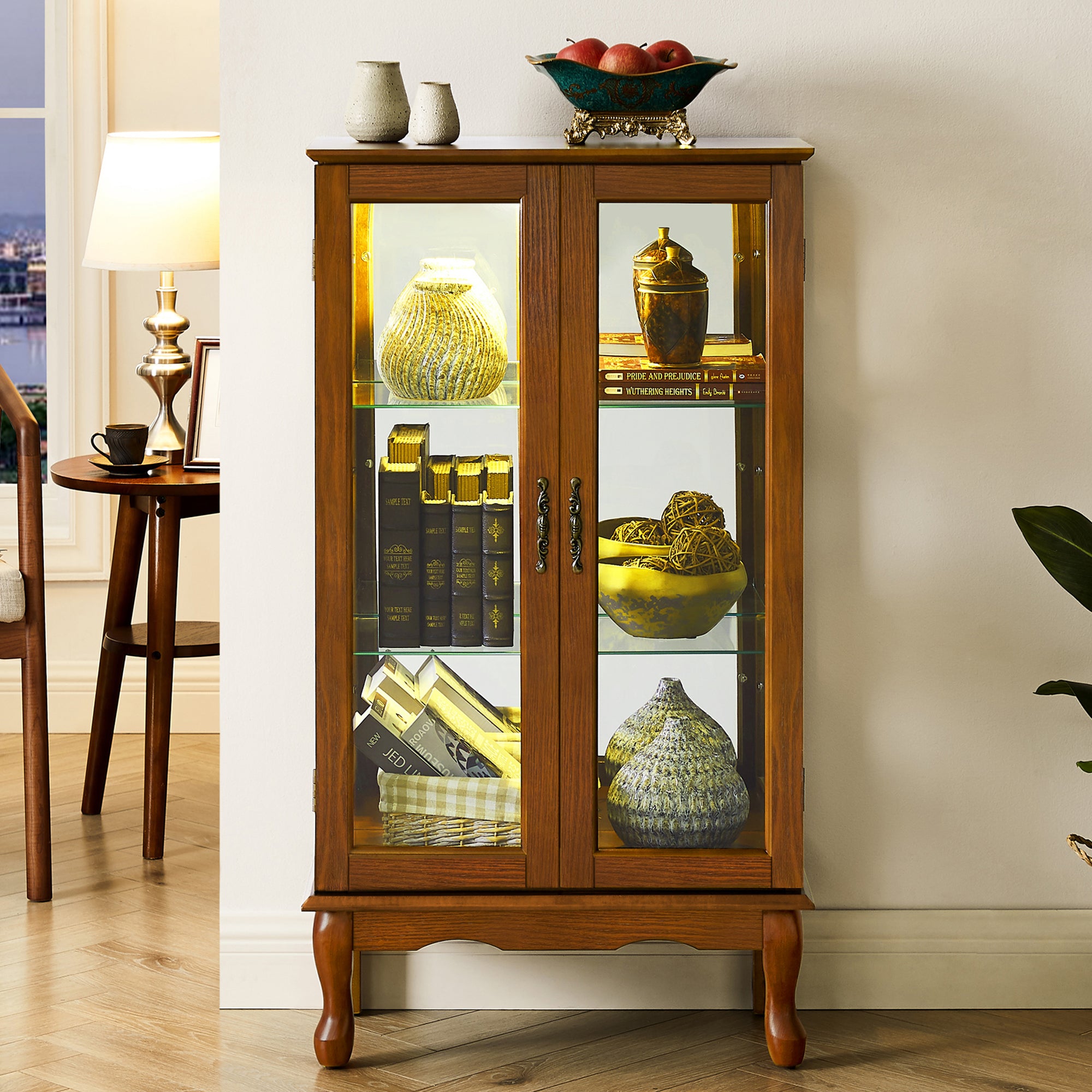 Lighted Curio Cabinet with Adjustable Shelves, Mirrored Back Panel, and Tempered Glass Doors, 3-Tier Oak Finish - Grand Goldman Shop