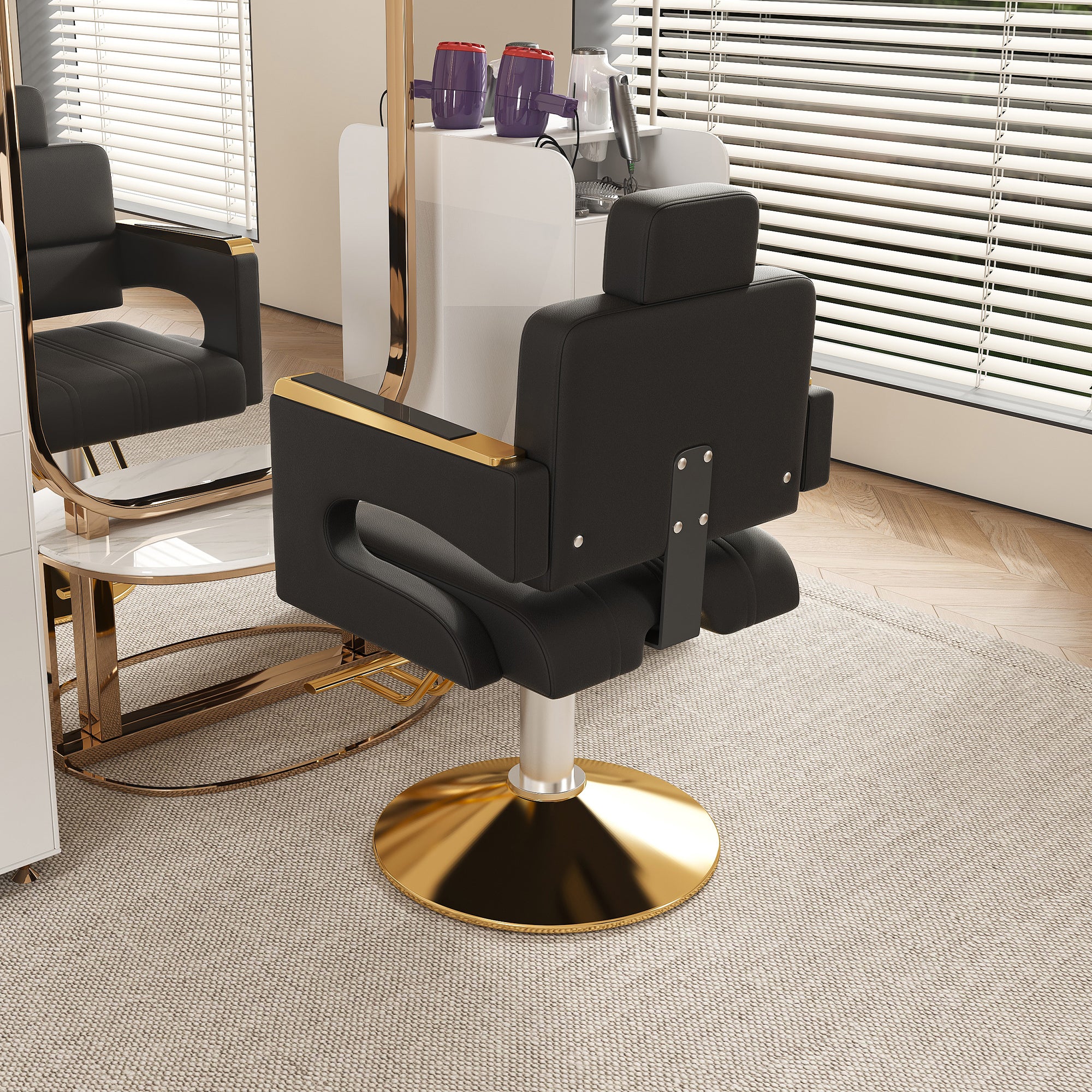 Professional Hydraulic Barber Chair with 360° Swivel, Adjustable Height, Stainless Steel Armrests & Reclining Backrest in Black & Gold - Grand Goldman Shop