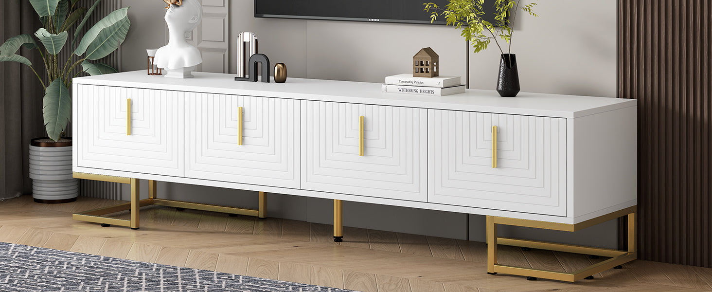ON-TREND Modern TV Stand with Metal Legs and Gold Handles for TVs Up to 80'', Media Console Table with Cabinets and Adjustable Shelves, Luxury TV Cabinet with Geometric Lines for Living Room, White - Grand Goldman Shop