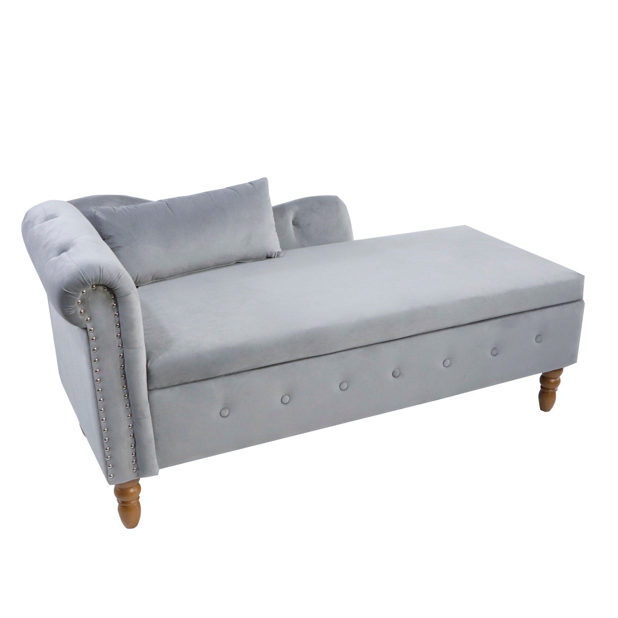 Grey Chaise Lounge Indoor, Velvet Lounge Chair for Bedroom with Storage & Pillow, Modern Upholstered Rolled Arm Chase Lounge for Sleeping with Nailhead Trim for Living Room Bedroom Office - Grand Goldman Shop