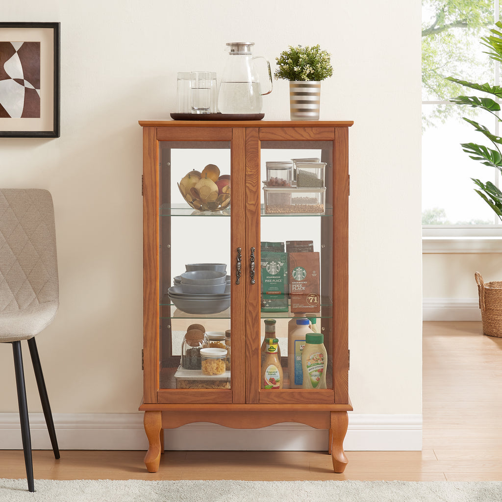 2 Doors Curio Cabinet with Tempered Glass Doors, Curio Cabinets with Mirrored Back Panel and Adjustable Shelves, Lighted Display Cabinet for Home, Office Light Bulb Included Oak - Grand Goldman Shop