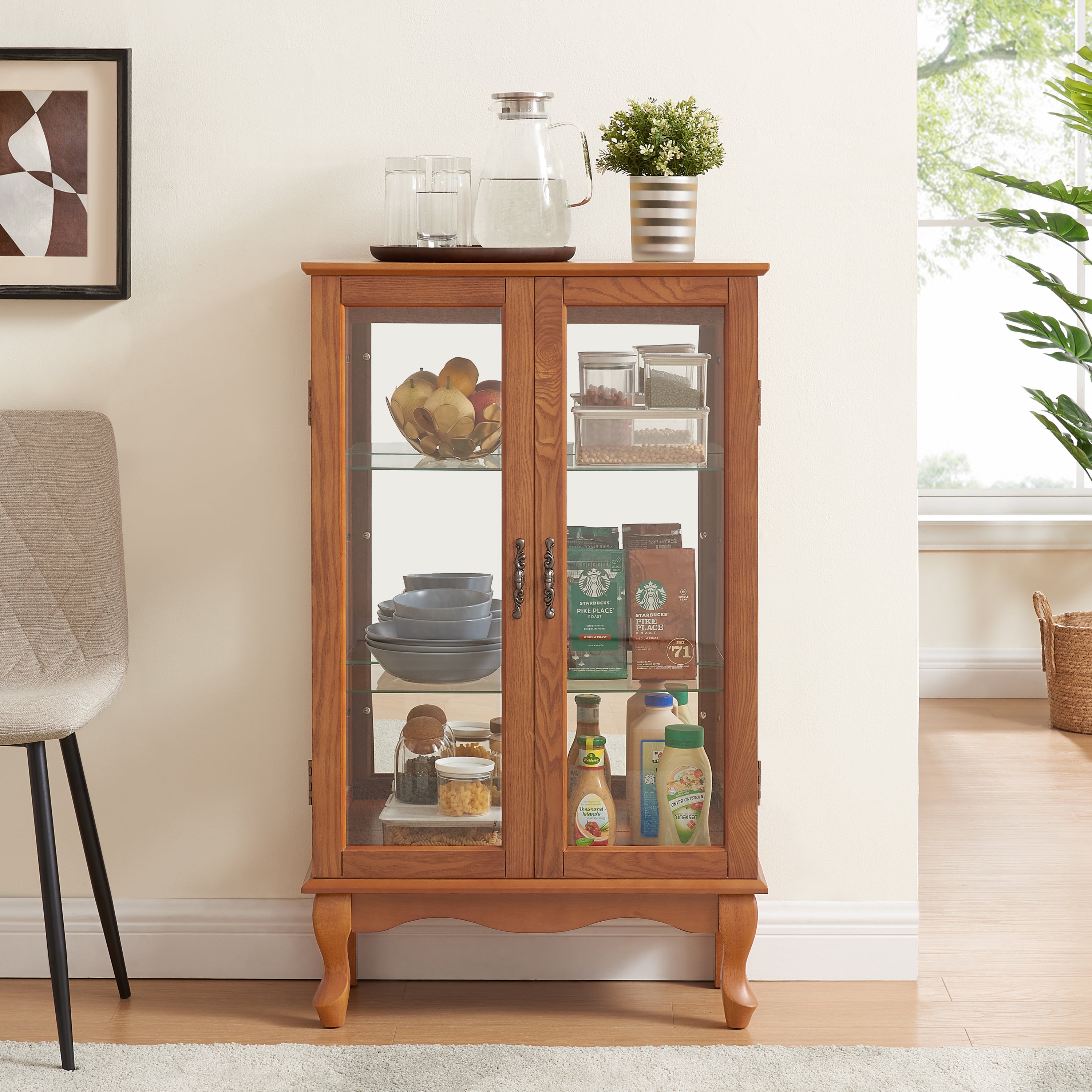 2 Doors Curio Cabinet with Tempered Glass Doors, Curio Cabinets with Mirrored Back Panel and Adjustable Shelves, Lighted Display Cabinet for Home, Office Light Bulb Included Oak - Grand Goldman Shop