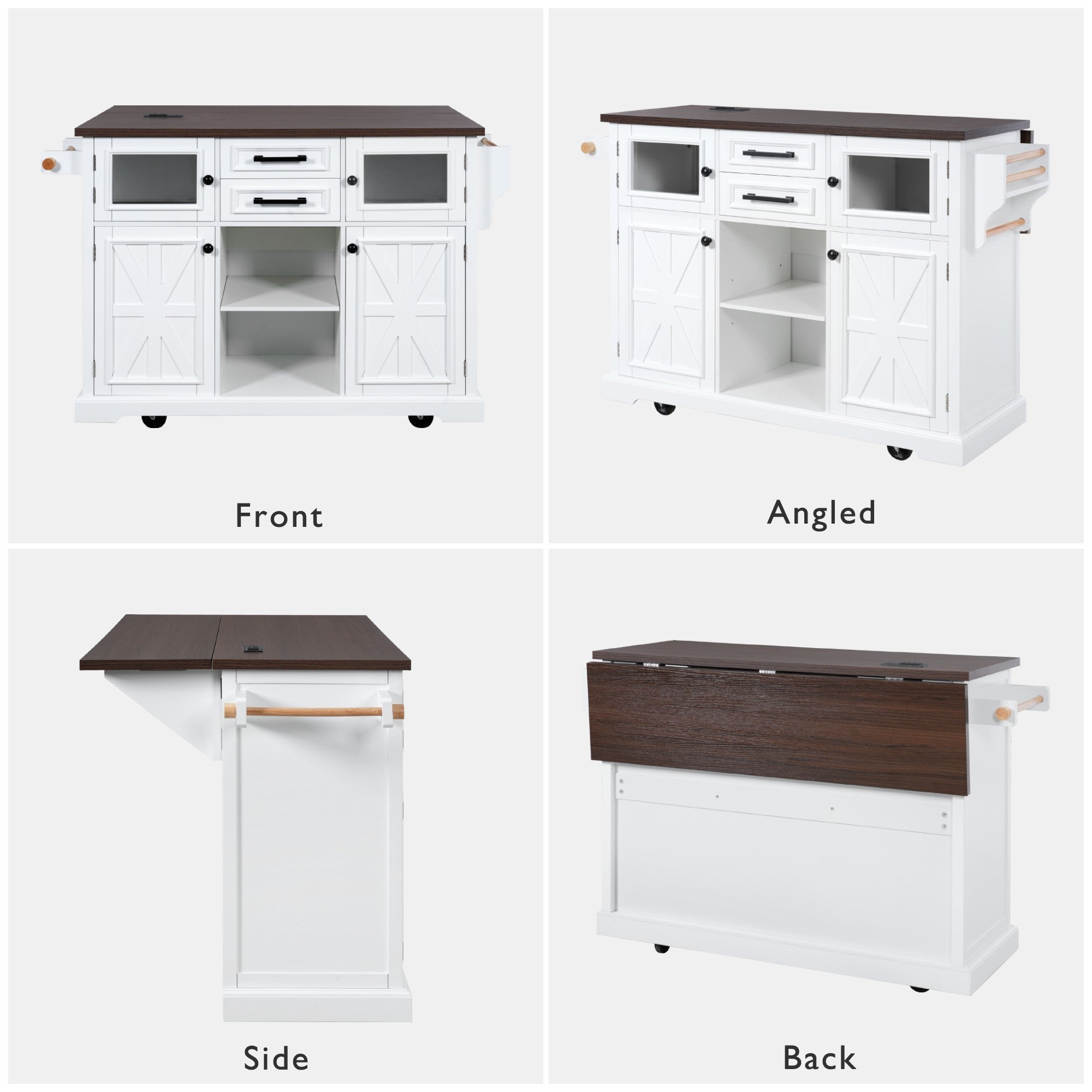 K&K 54.9' Kitchen Island with Drop Leaf, Power Outlet, Kitchen Storage Cart with 4 Door Shelves, Cross Barn Doors & Visual Glass Door, Rolling Kitchen Island on 4 Wheels for Kitchen, Dining Room,White - Grand Goldman Shop