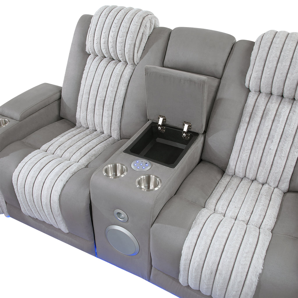 Duran Grey 2PC Power Reclining Sofa and Loveseat with Power Headrest, LED, USB, and Bluetooth Speaker - Grand Goldman Shop