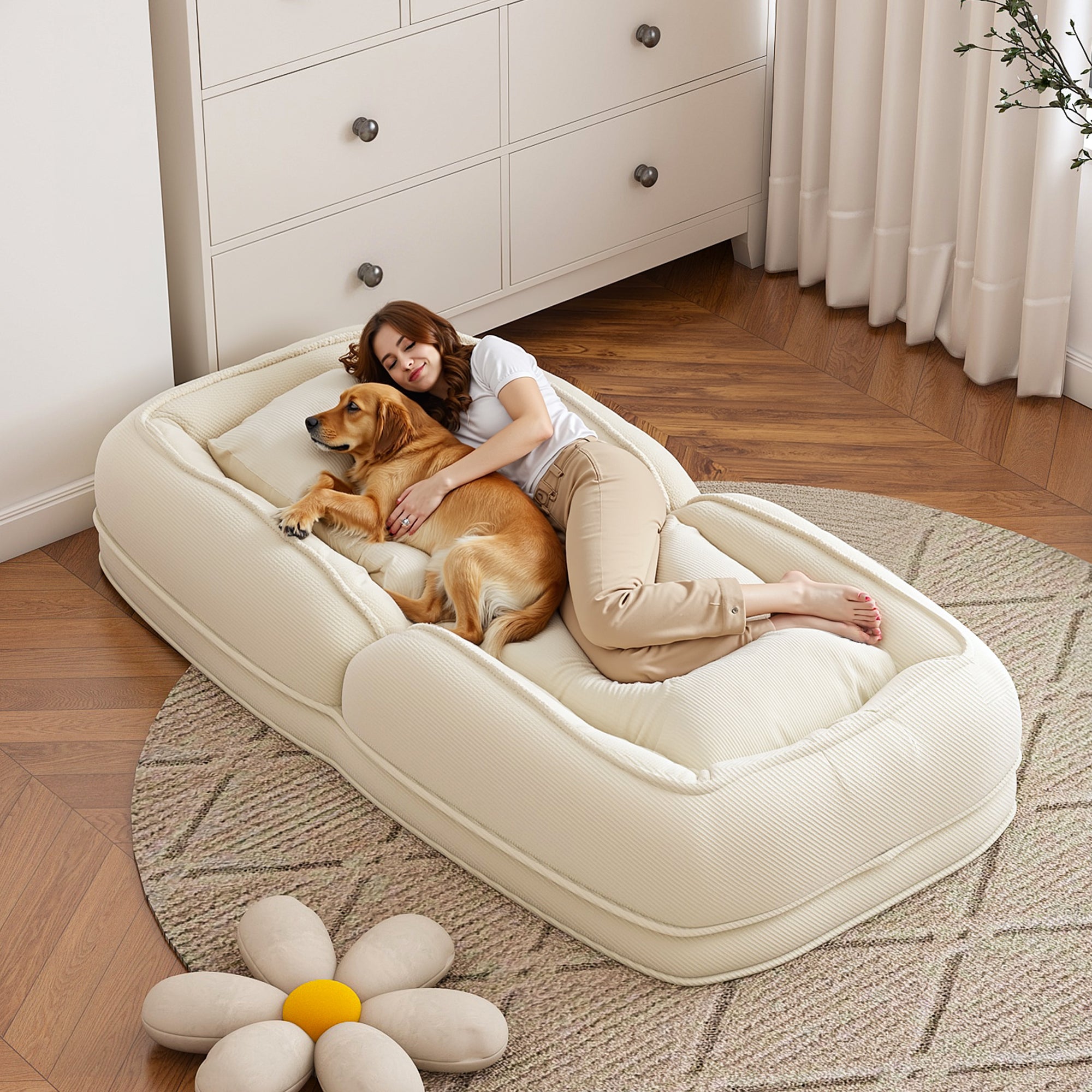 Upholstered Foldable Lazy Sofa Bed for Adults and Pets, Adjustable Recliner with 5 Positions, Off White Corduroy, 70.87 x 37.40 x 11.02 inches - Grand Goldman Shop