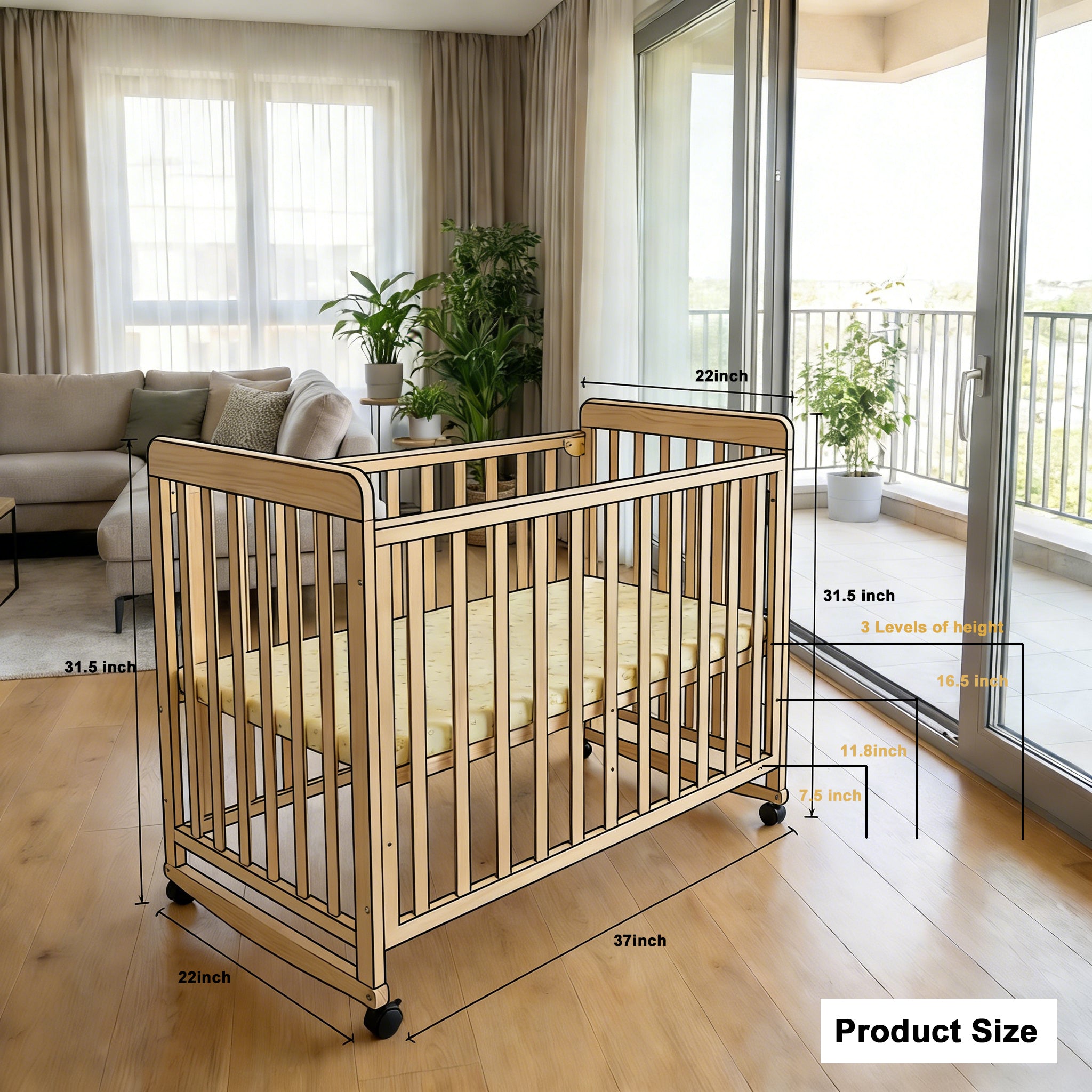 Portable Pine Wood Bedside Bassinet with 3 Heights, Natural Wood Mini Crib for Newborns 0-36 Months, Space-Saving Design - Gr
